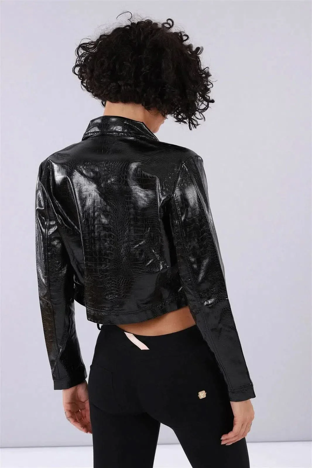 Cropped Patent Faux Leather Jacket - Black Crocodile Print - Image 3