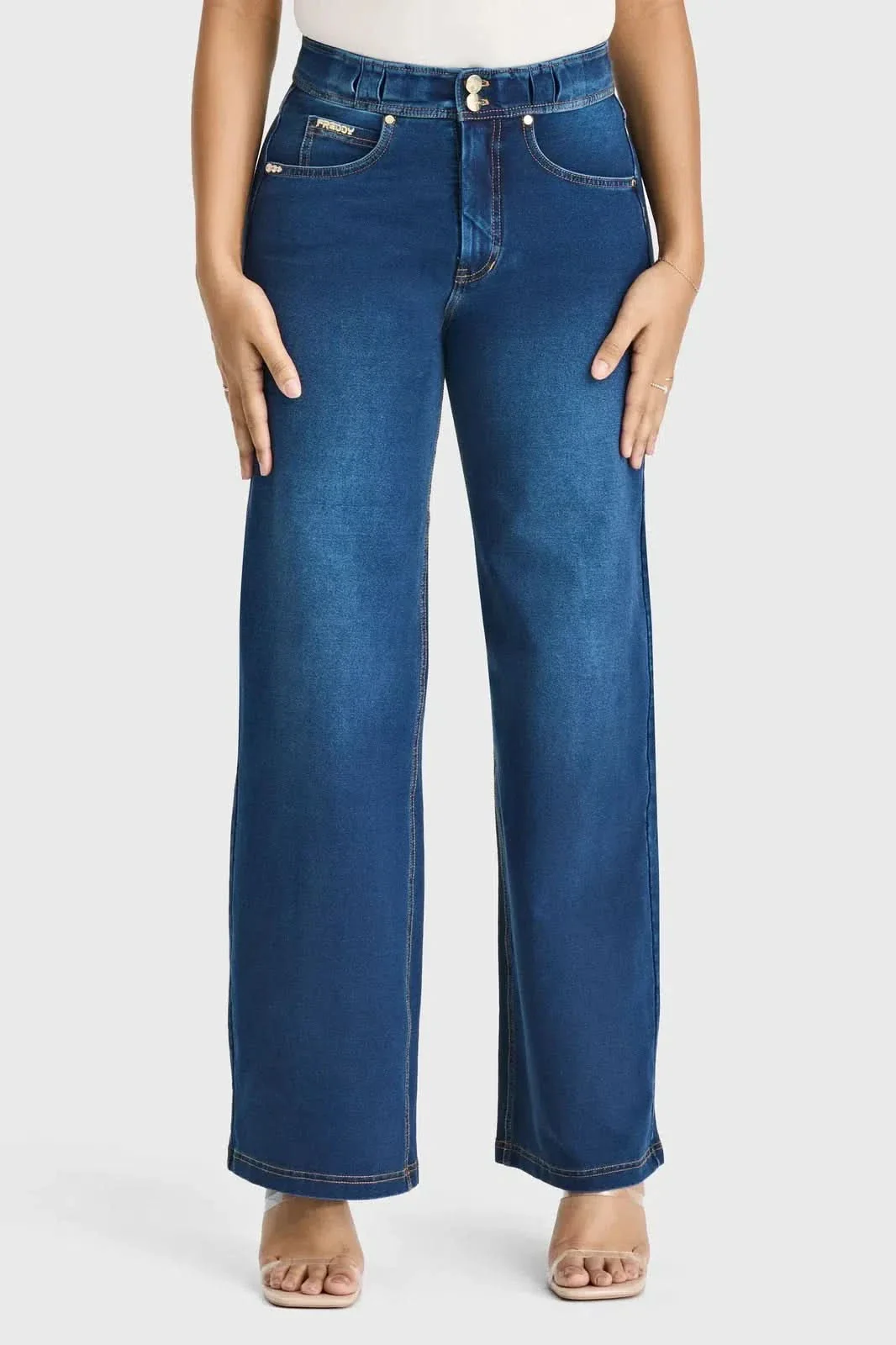 N.O.W® Denim Limited Edition - High Waisted - Wide Leg - Dark Blue + Yellow Stitching - Image 4