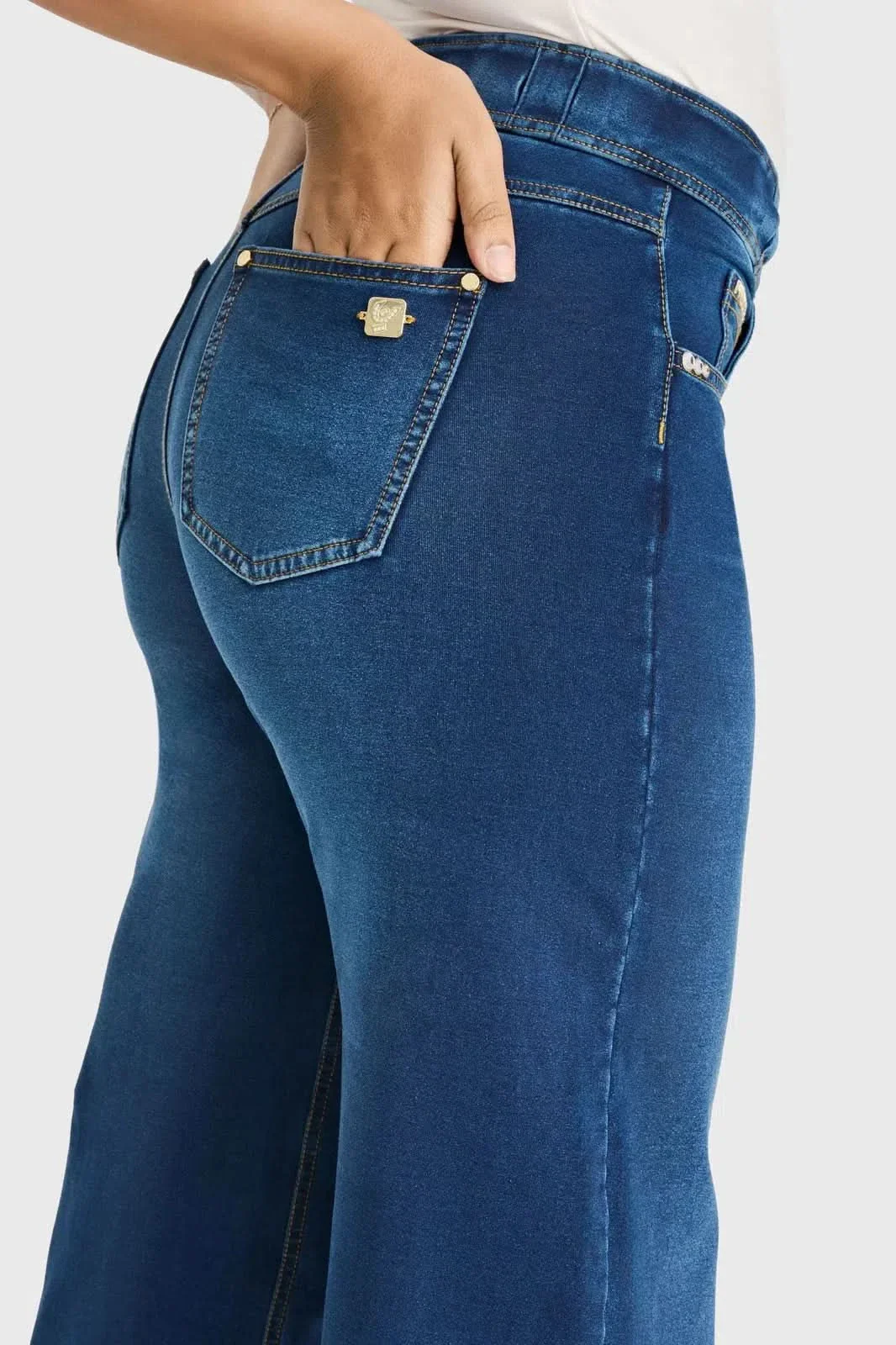 N.O.W® Denim Limited Edition - High Waisted - Wide Leg - Dark Blue + Yellow Stitching - Image 5