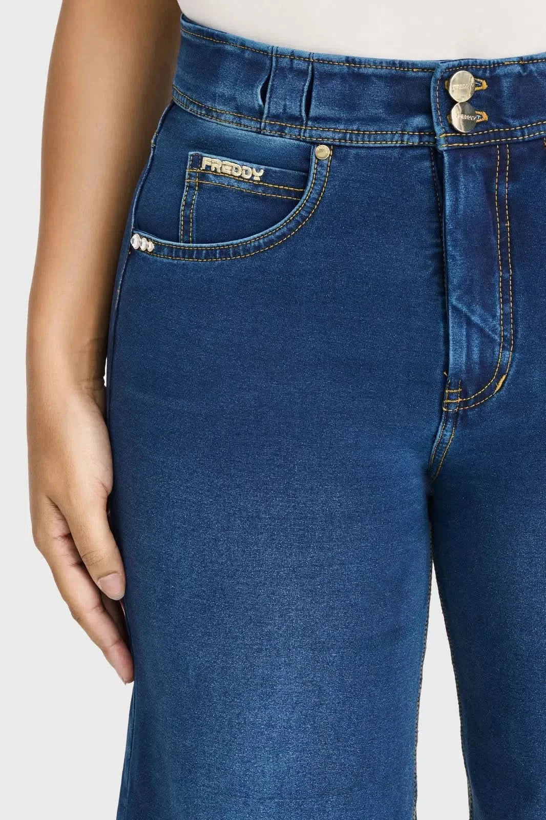 N.O.W® Denim Limited Edition - High Waisted - Wide Leg - Dark Blue + Yellow Stitching - Image 6