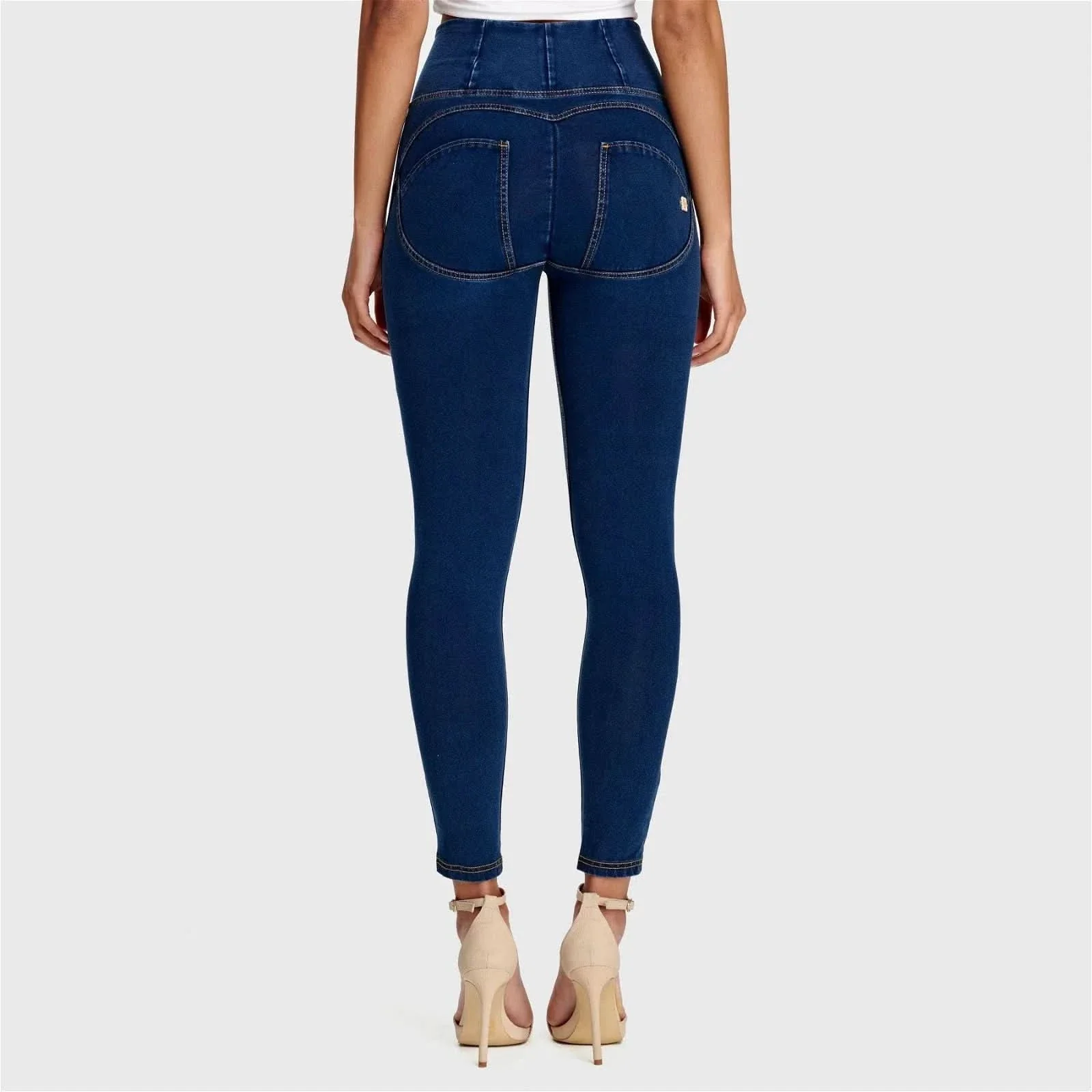 WRUP Denim - High Waisted - 7/8 Length - Dark Blue + Yellow Stitching - Image 4
