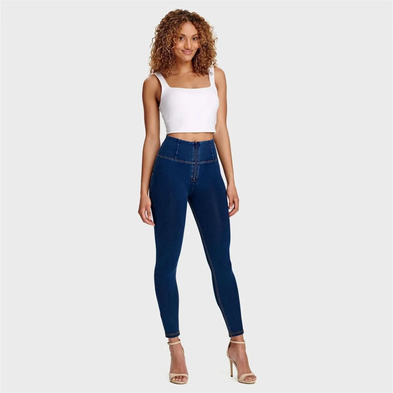 WRUP Denim - High Waisted - 7/8 Length - Dark Blue + Yellow Stitching - Image 6