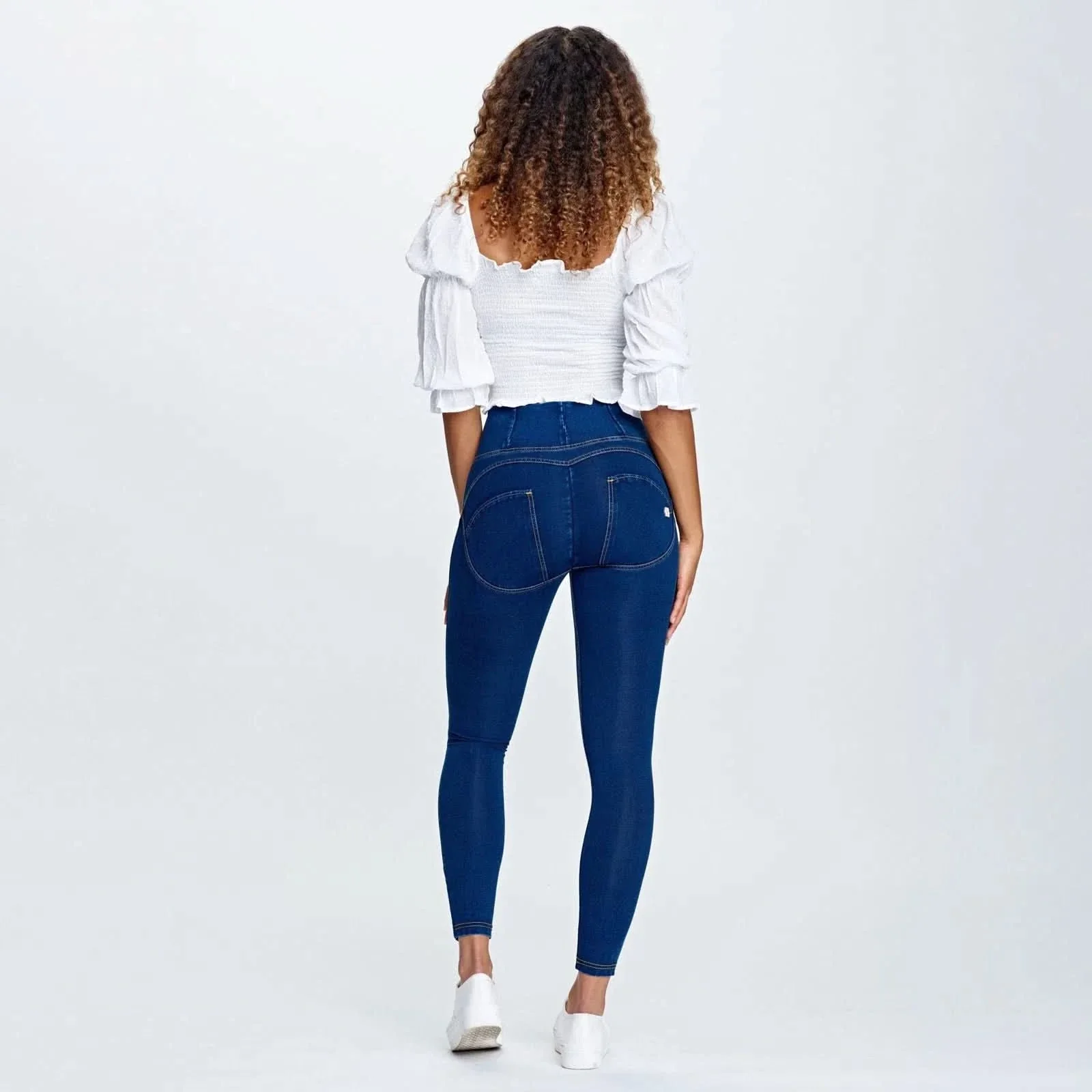 WRUP Denim - High Waisted - 7/8 Length - Dark Blue + Yellow Stitching - Image 8