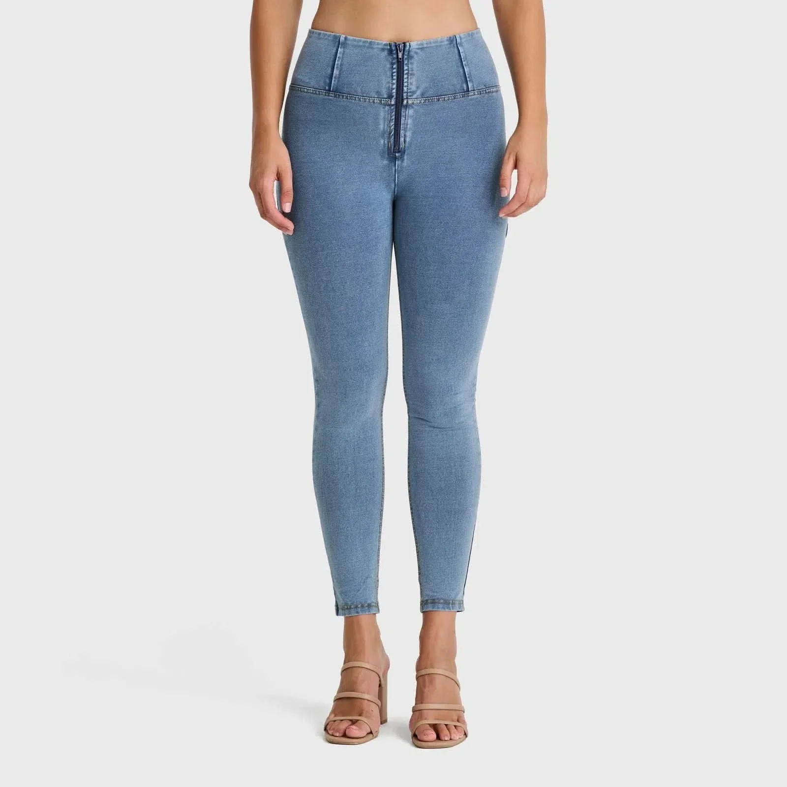WRUP Denim - High Waisted - 7/8 Length - Light Blue + Yellow Stitching - Image 3