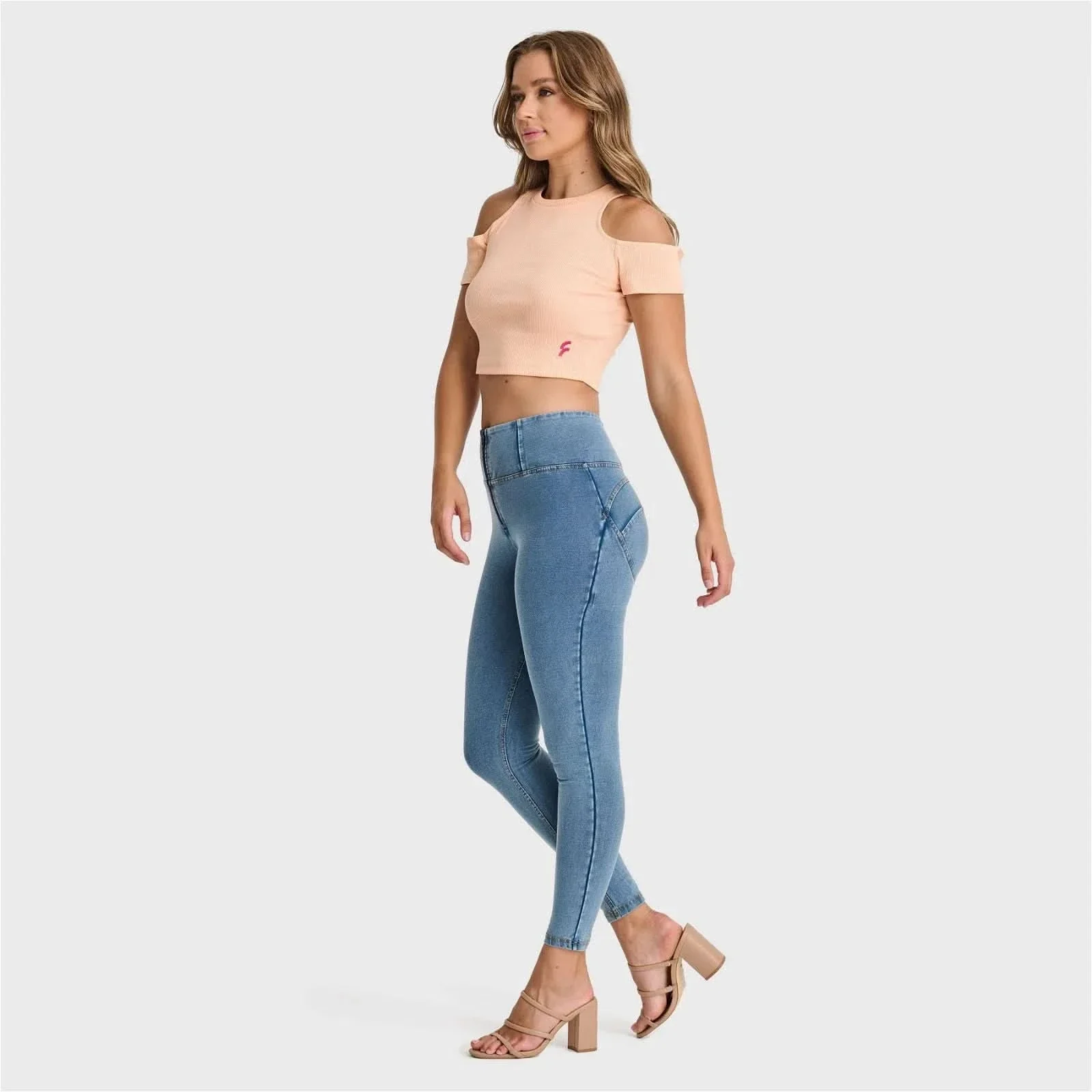 WRUP Denim - High Waisted - 7/8 Length - Light Blue + Yellow Stitching - Image 6