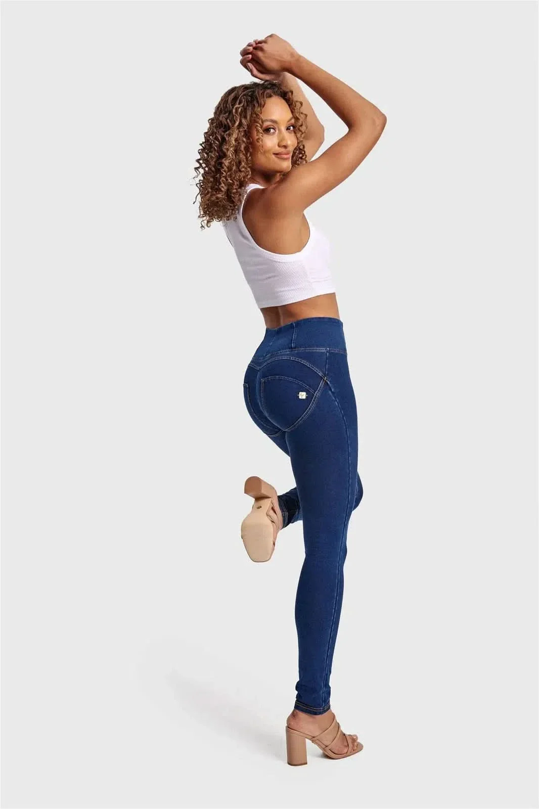 WRUP Denim - High Waisted - Full Length - Dark Blue + Yellow Stitching - Image 3