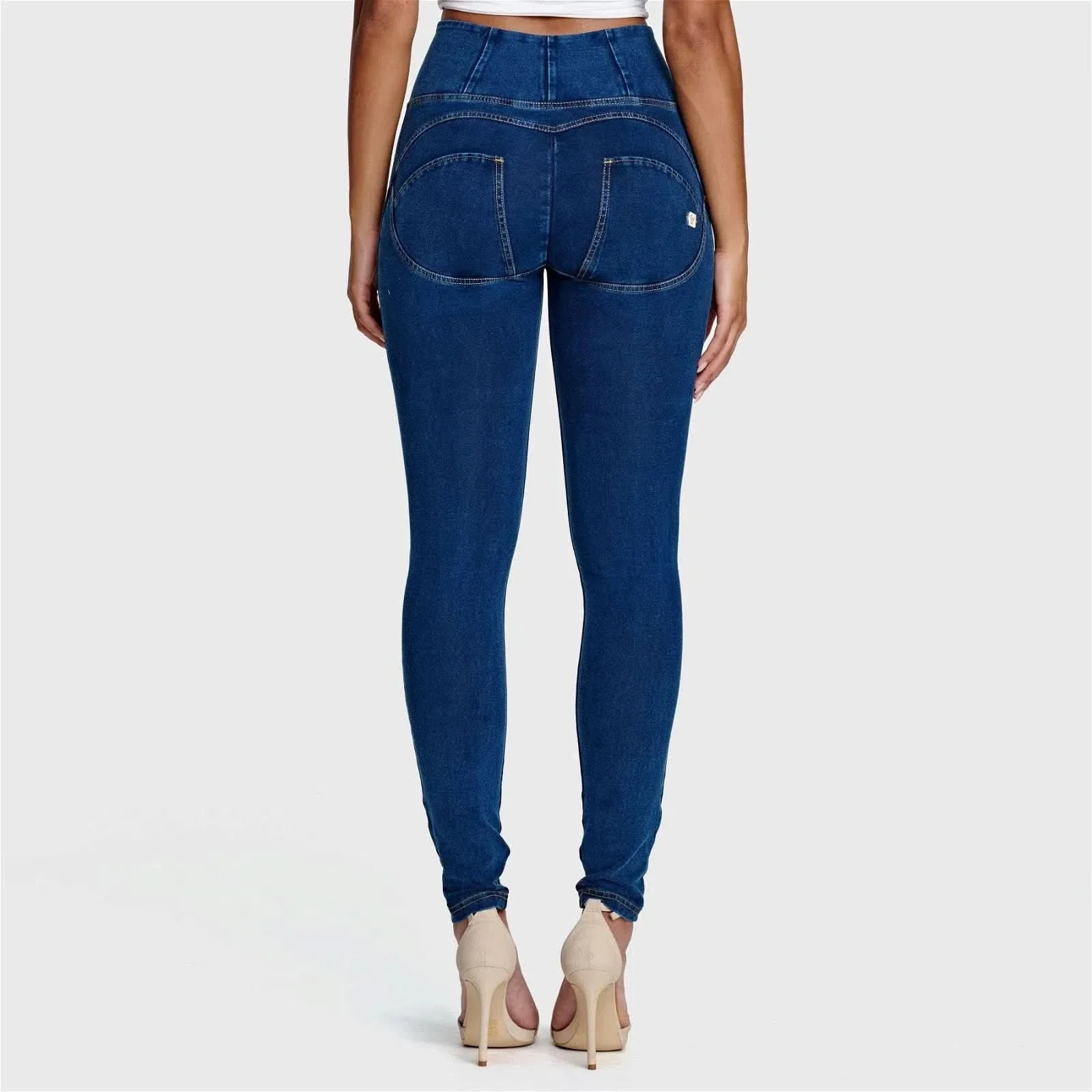 WRUP Denim - High Waisted - Full Length - Dark Blue + Yellow Stitching - Image 4