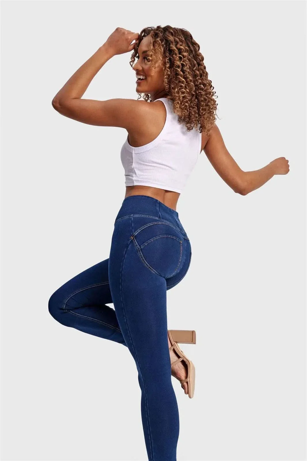 WRUP Denim - High Waisted - Full Length - Dark Blue + Yellow Stitching - Image 5