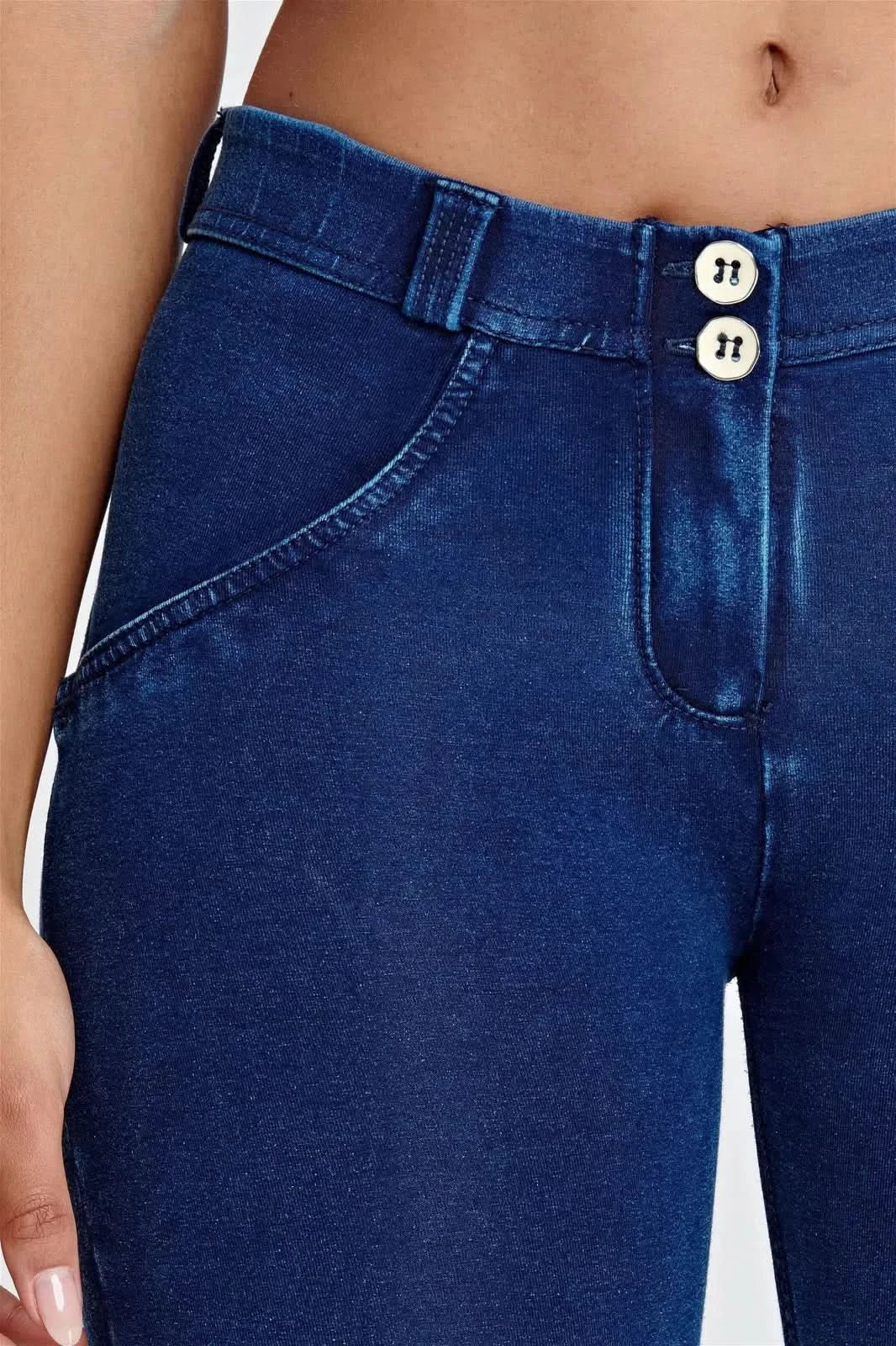 WRUP Denim - Mid Rise - 7/8 Length - Dark Blue + Blue Stitching - Image 6