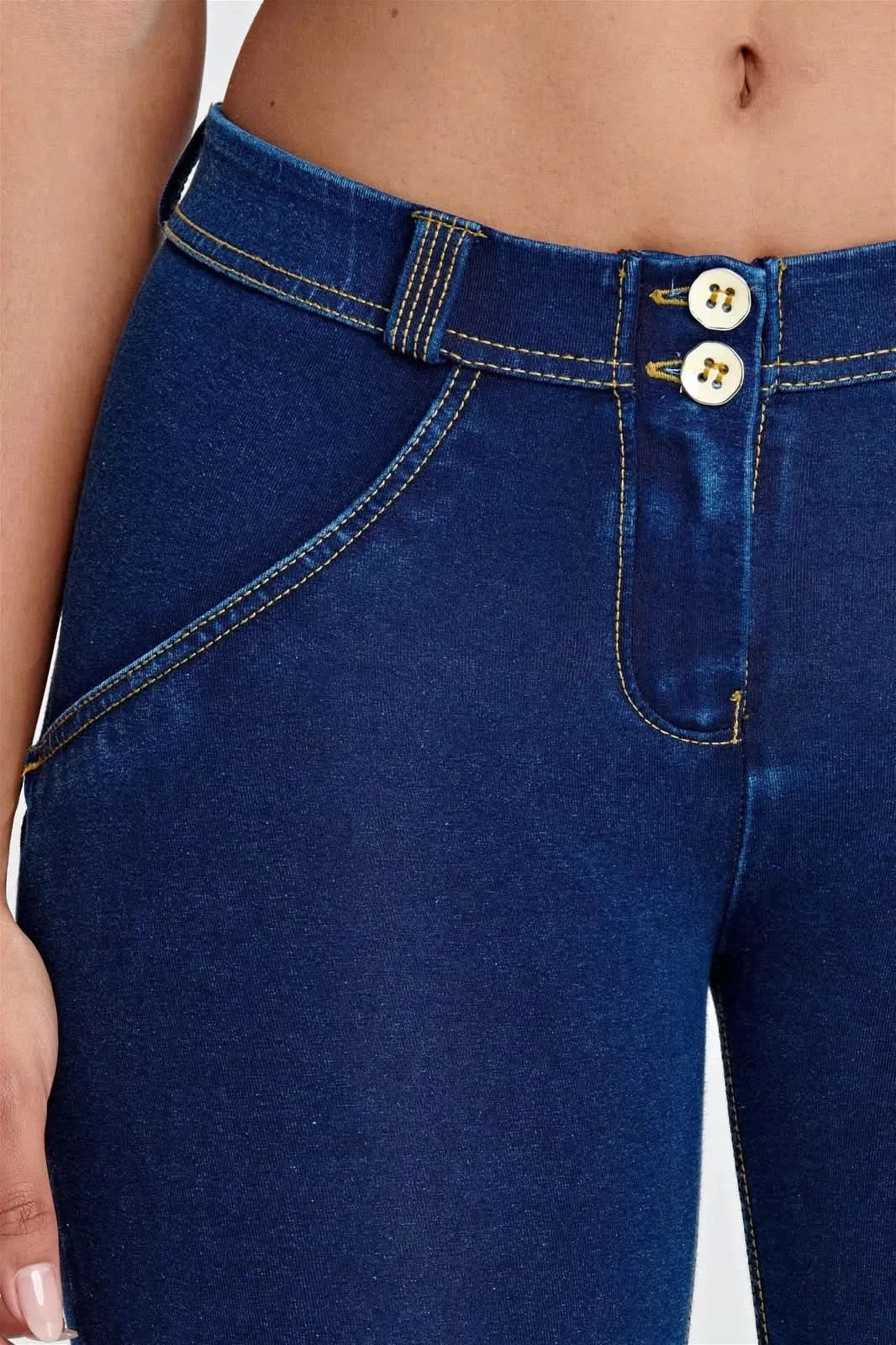 WRUP Denim - Mid Rise - 7/8 Length - Dark Blue + Yellow Stitching - Image 10