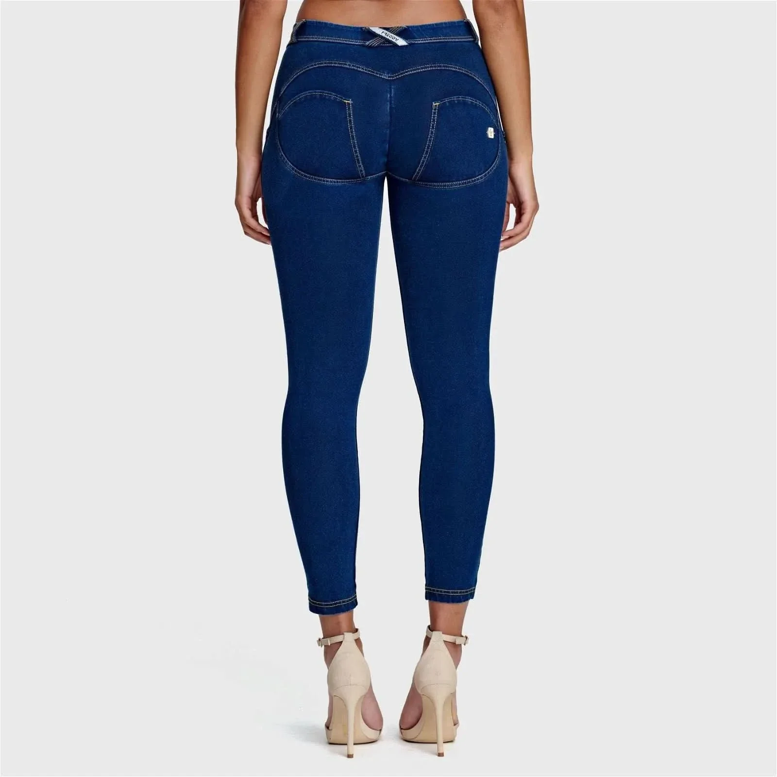 WRUP Denim - Mid Rise - 7/8 Length - Dark Blue + Yellow Stitching - Image 4