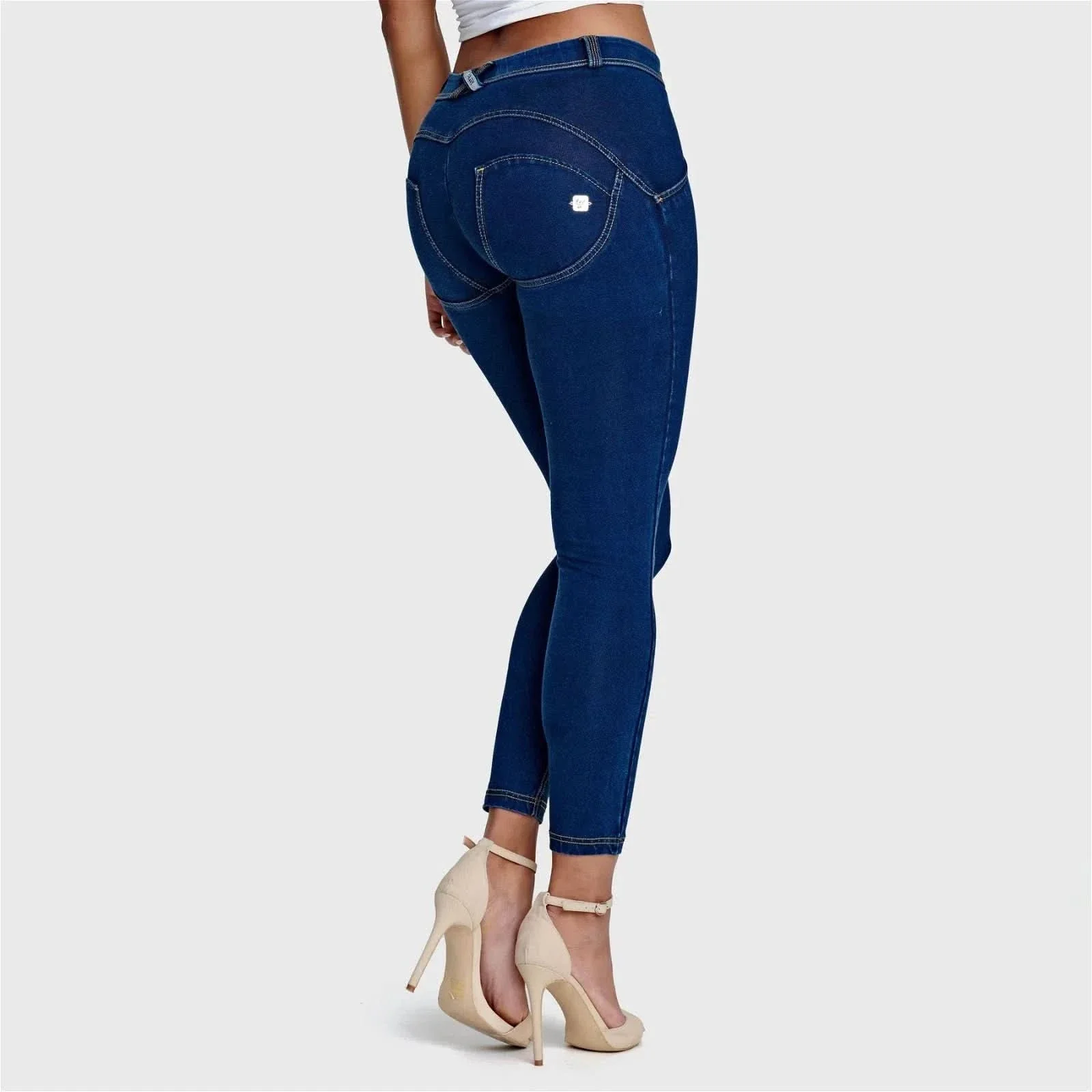 WRUP Denim - Mid Rise - 7/8 Length - Dark Blue + Yellow Stitching - Image 5