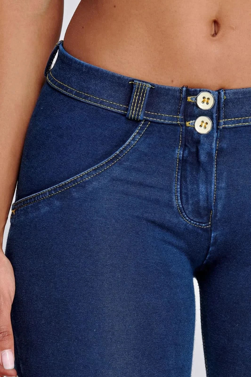 WRUP Denim - Mid Rise - Full Length - Dark Blue + Yellow Stitching - Image 7