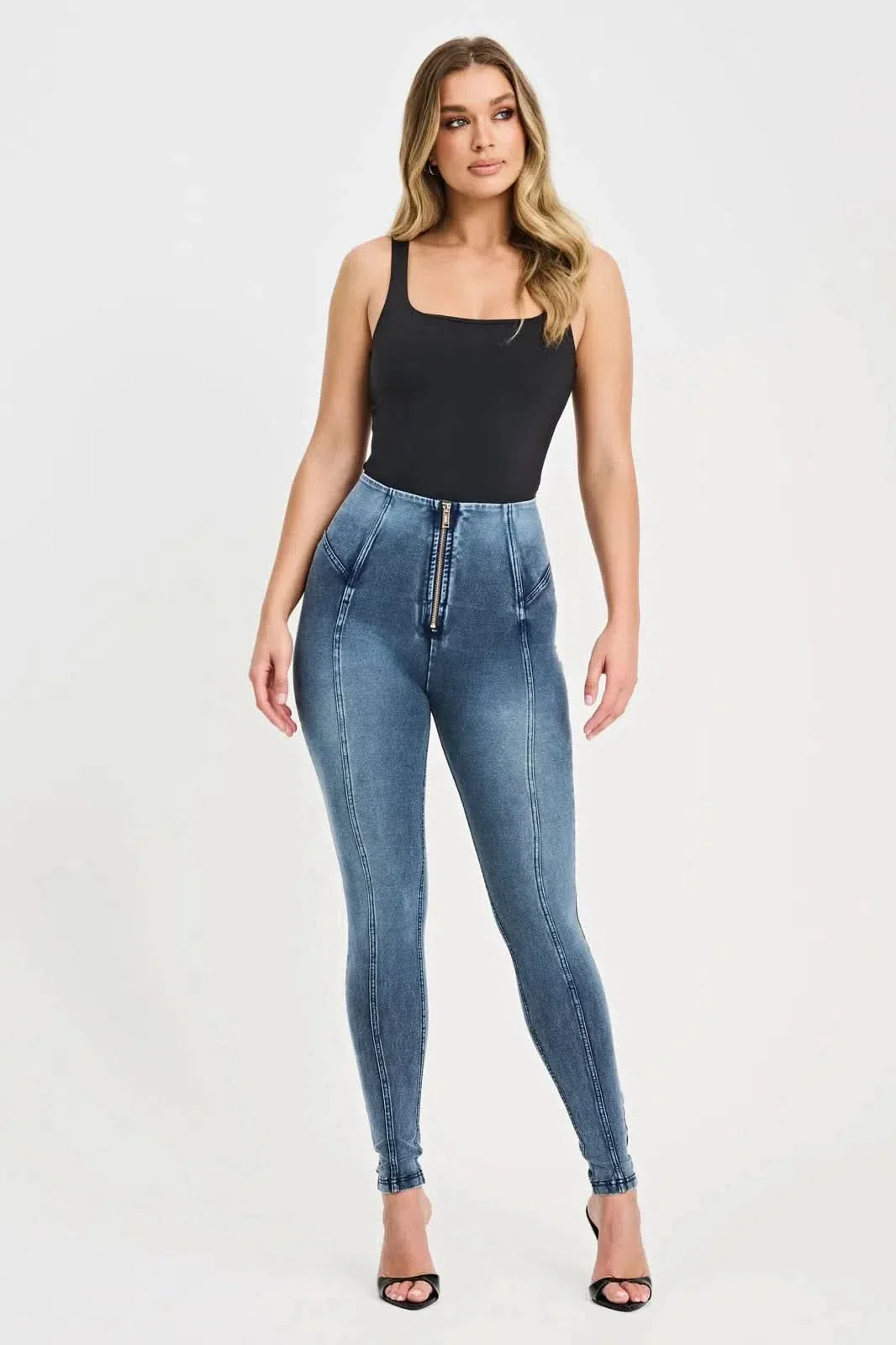 WRUP Denim with Feature Seam - High Waisted - Full Length - Vintage Blue + Blue Stitching - Image 4