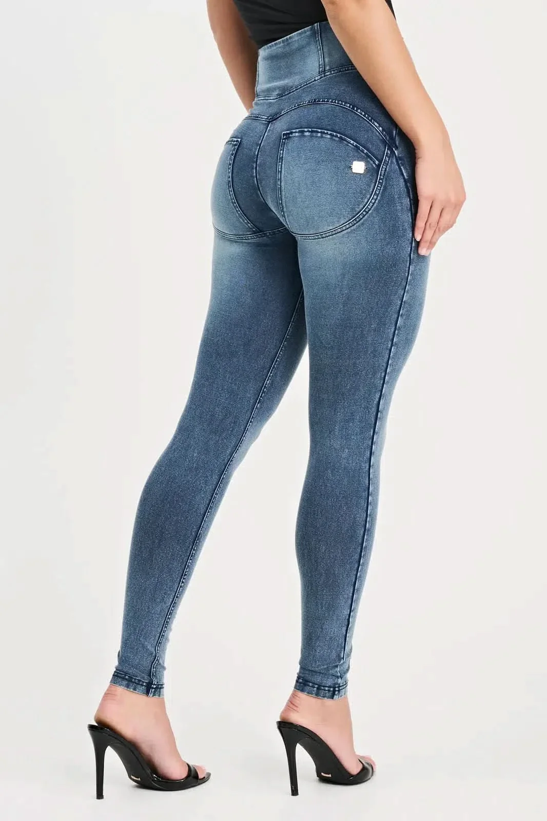 WRUP Denim with Feature Seam - High Waisted - Full Length - Vintage Blue + Blue Stitching - Image 6