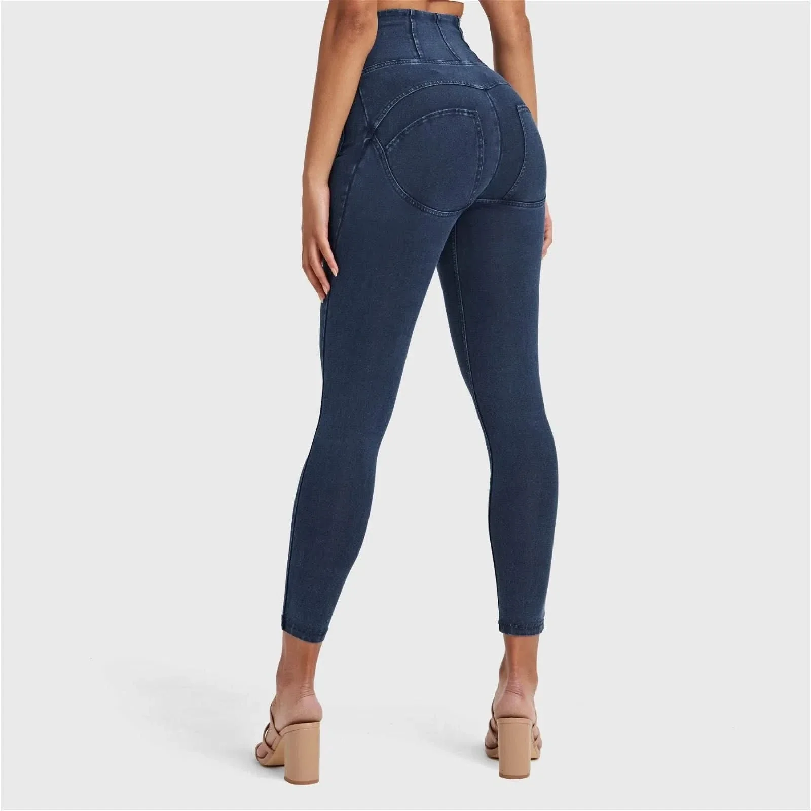 WRUP Denim With Front Pockets - Super High Waisted - 7/8 Length - Dark Blue + Blue Stitching - Image 13