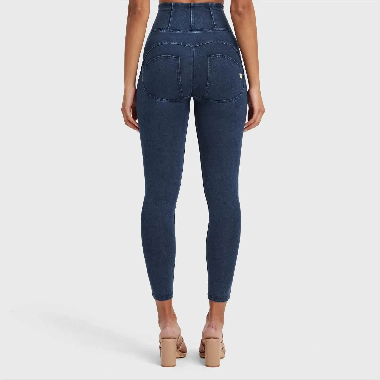 WRUP Denim With Front Pockets - Super High Waisted - 7/8 Length - Dark Blue + Blue Stitching - Image 14