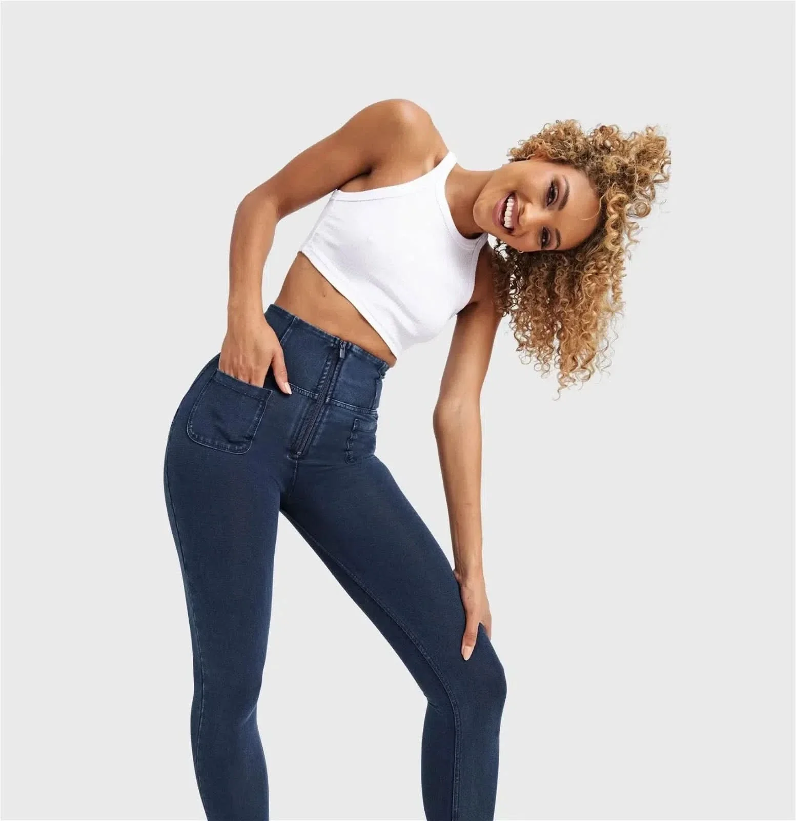 WRUP Denim With Front Pockets - Super High Waisted - 7/8 Length - Dark Blue + Blue Stitching - Image 4