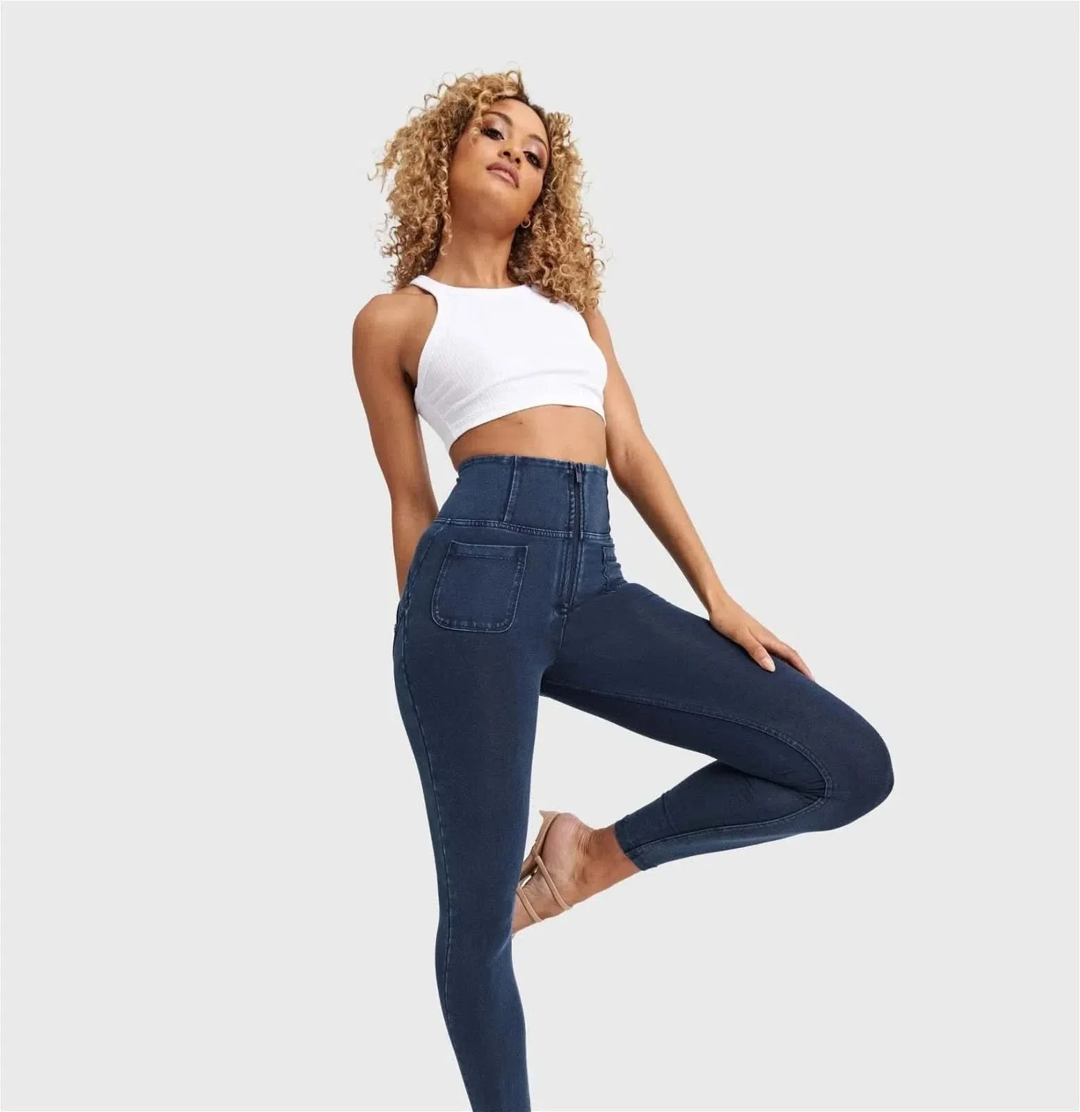 WRUP Denim With Front Pockets - Super High Waisted - 7/8 Length - Dark Blue + Blue Stitching - Image 6