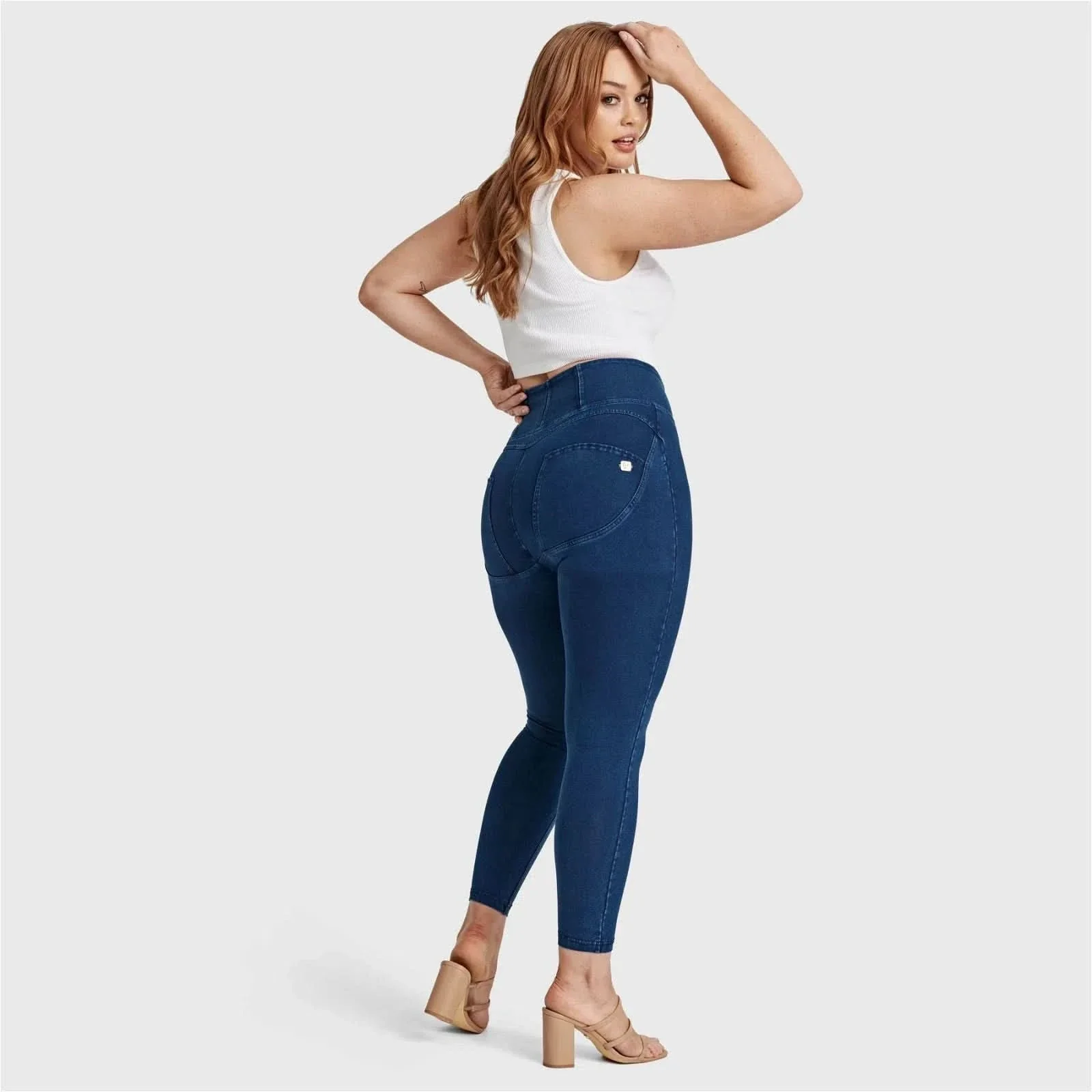 WRUP Curvy Denim - Zip High Waisted - 7/8 Length - Dark Blue + Blue Stitching - Image 4