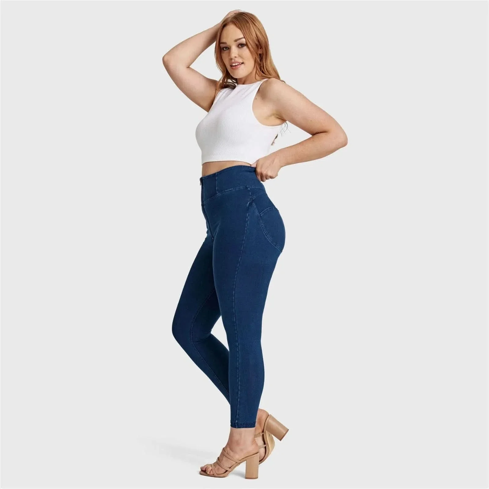 WRUP Curvy Denim - Zip High Waisted - 7/8 Length - Dark Blue + Blue Stitching - Image 5