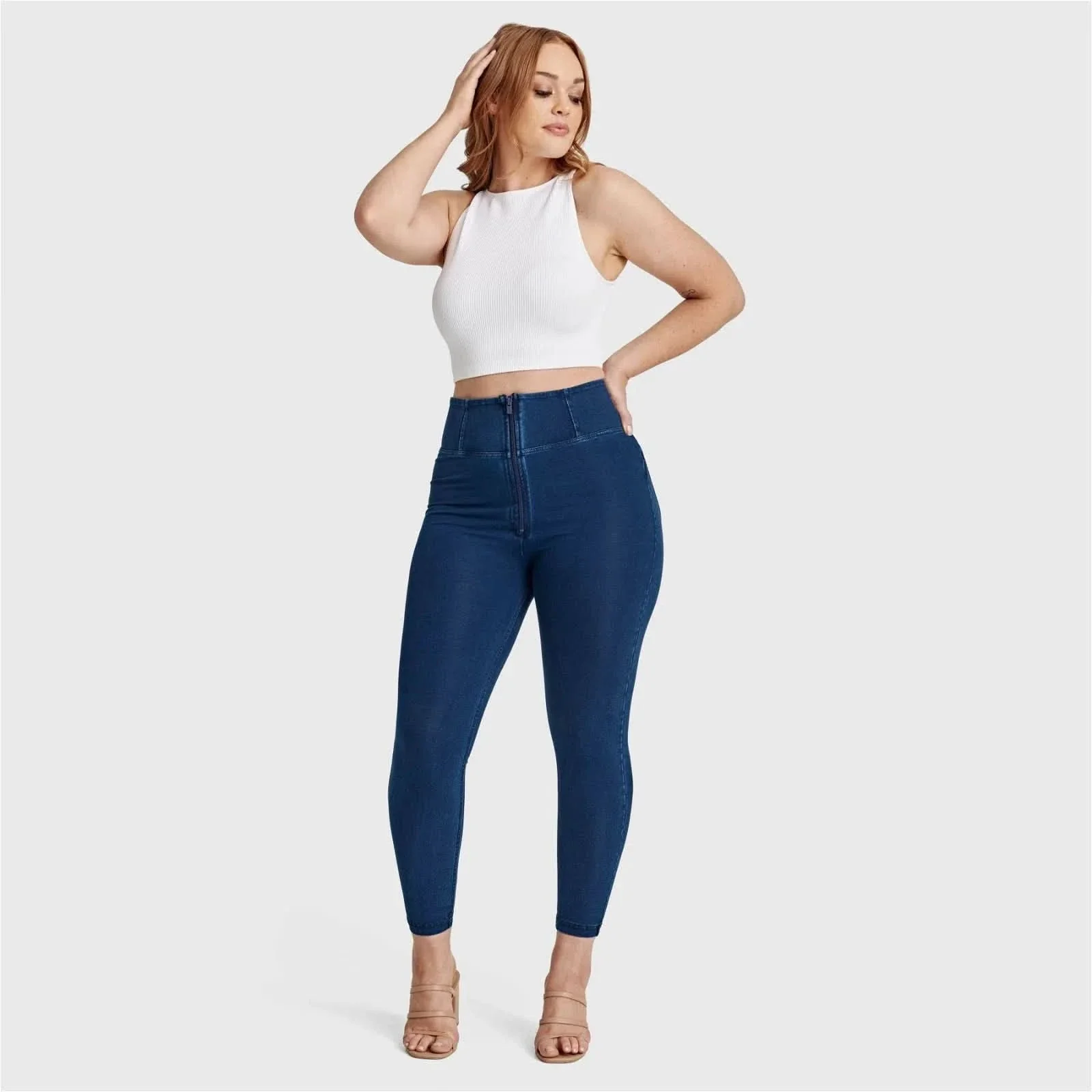 WRUP Curvy Denim - Zip High Waisted - 7/8 Length - Dark Blue + Blue Stitching - Image 7