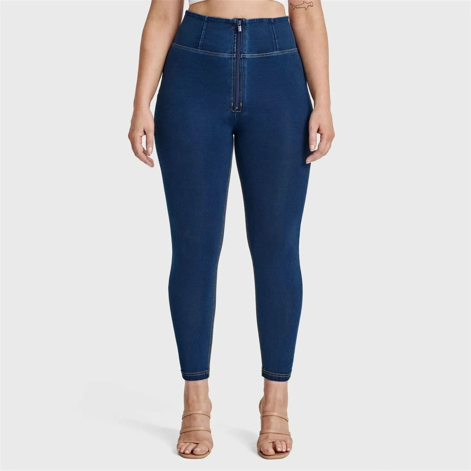 WRUP Curvy Denim - Zip High Waisted - 7/8 Length - Dark Blue + Yellow Stitching - Image 10