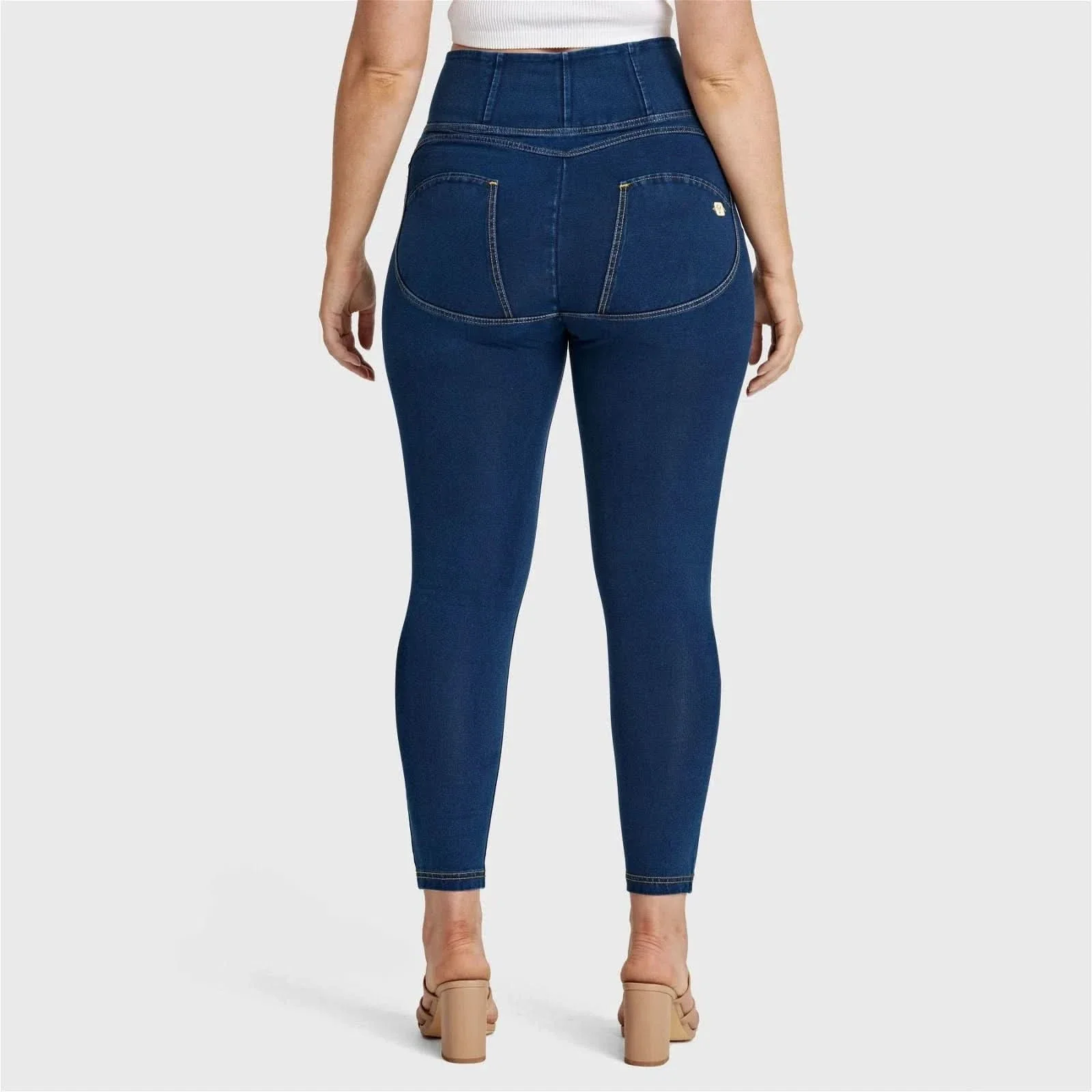 WRUP Curvy Denim - Zip High Waisted - 7/8 Length - Dark Blue + Yellow Stitching - Image 11