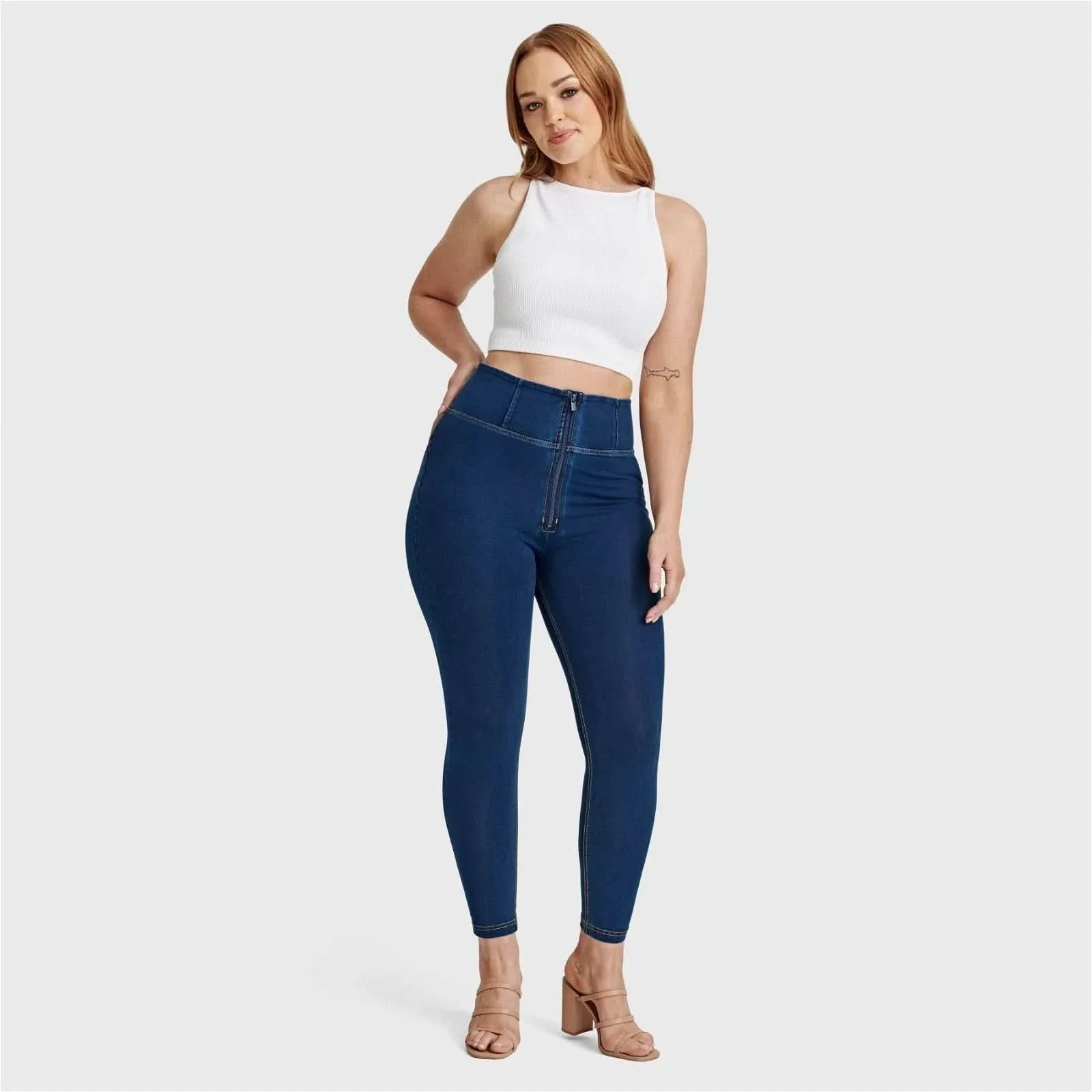 WRUP Curvy Denim - Zip High Waisted - 7/8 Length - Dark Blue + Yellow Stitching - Image 6