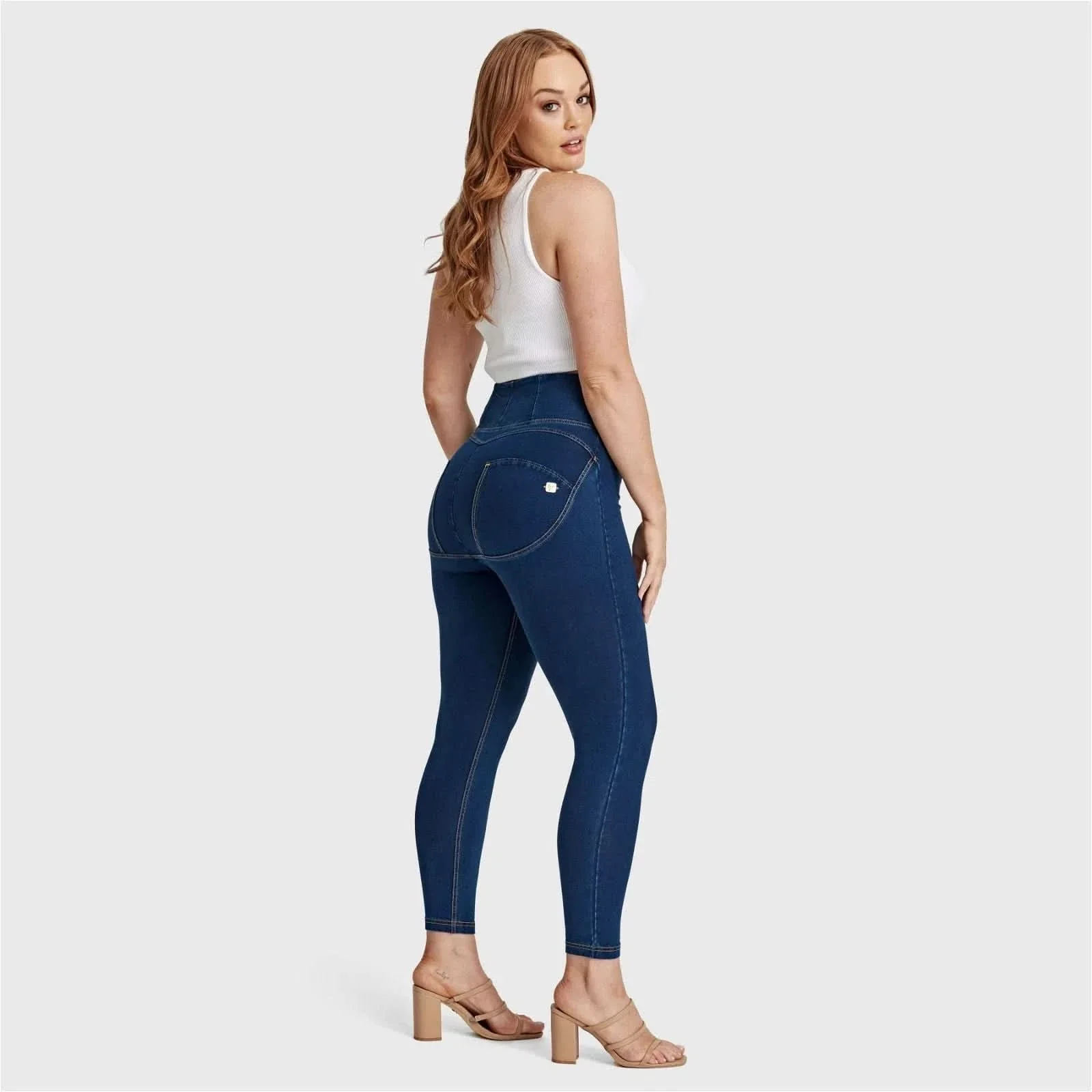 WRUP Curvy Denim - Zip High Waisted - 7/8 Length - Dark Blue + Yellow Stitching - Image 9