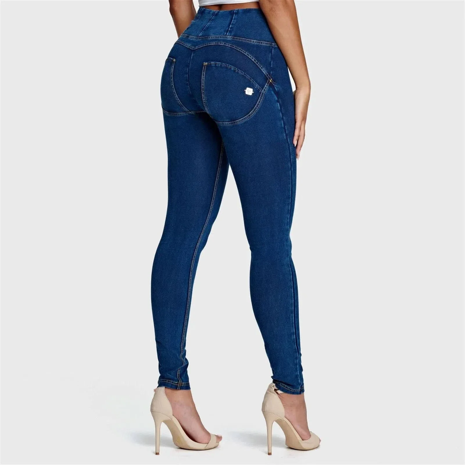 WRUP Denim - High Waisted - Full Length - Dark Blue + Yellow Stitching - Image 3