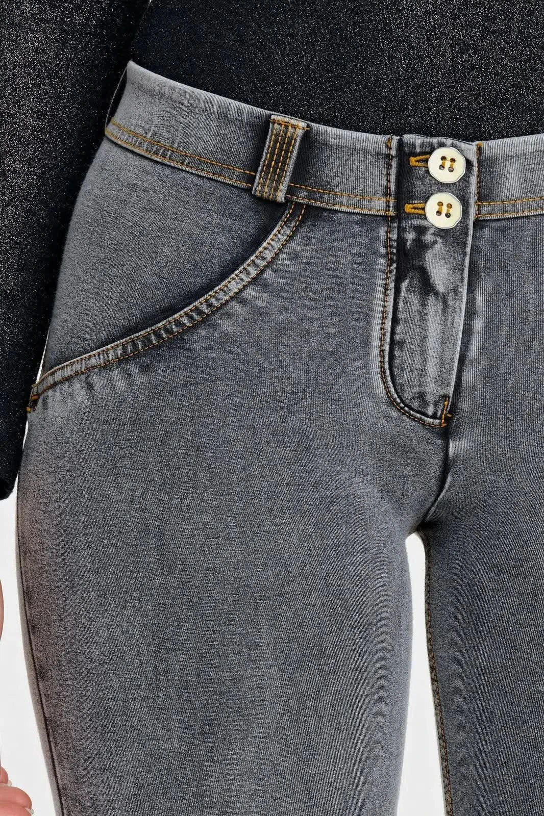 WRUP Denim - Mid Rise - Full Length - Grey + Yellow Stitching - Image 7