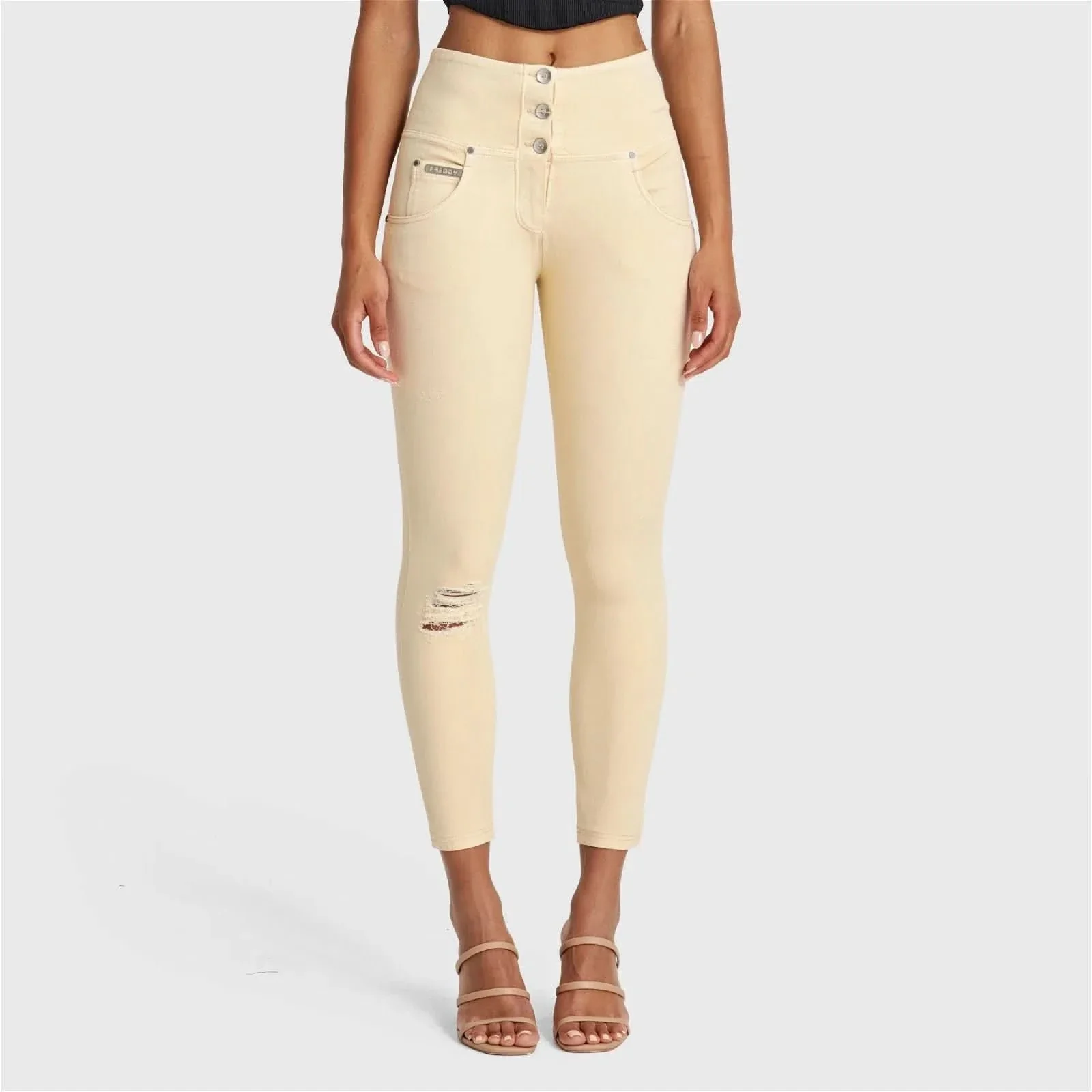 WRUP SNUG Distressed Jeans - High Waisted - 7/8 Length - Beige - Image 3