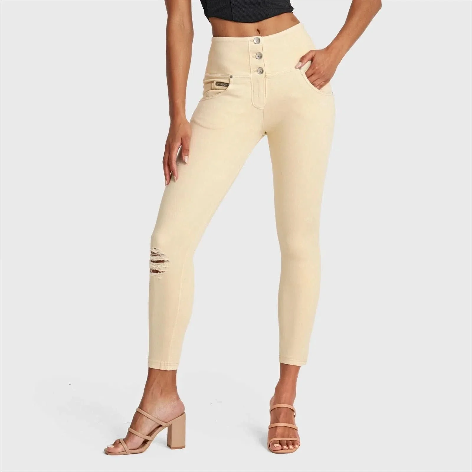 WRUP SNUG Distressed Jeans - High Waisted - 7/8 Length - Beige - Image 5