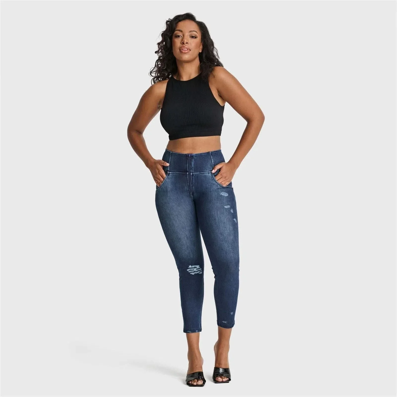 WRUP SNUG Distressed Jeans - High Waisted - 7/8 Length - Dark Blue + Blue Stitching - Image 3