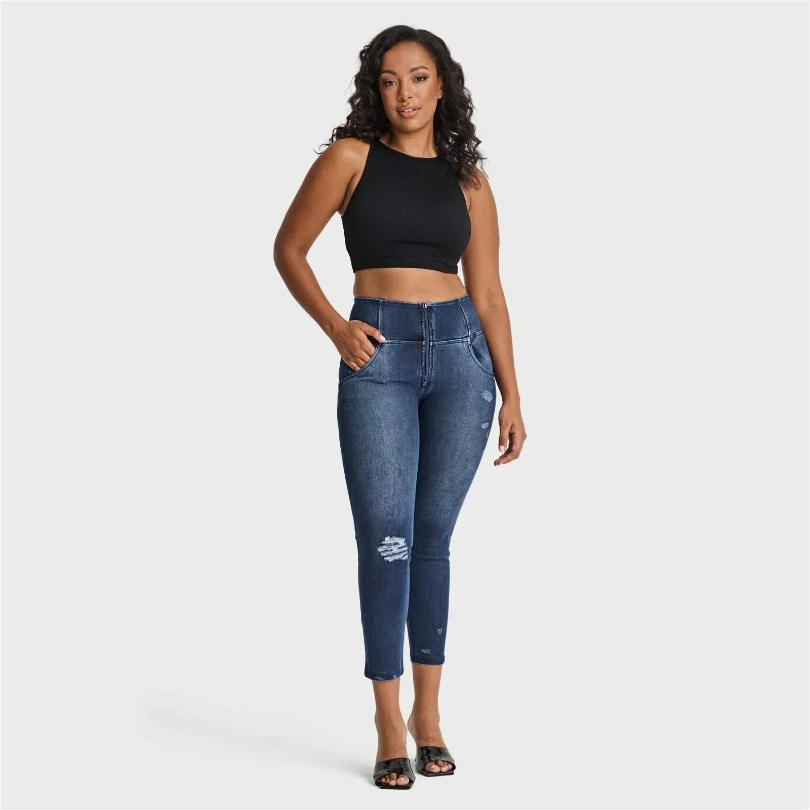 WRUP SNUG Distressed Jeans - High Waisted - 7/8 Length - Dark Blue + Blue Stitching - Image 4