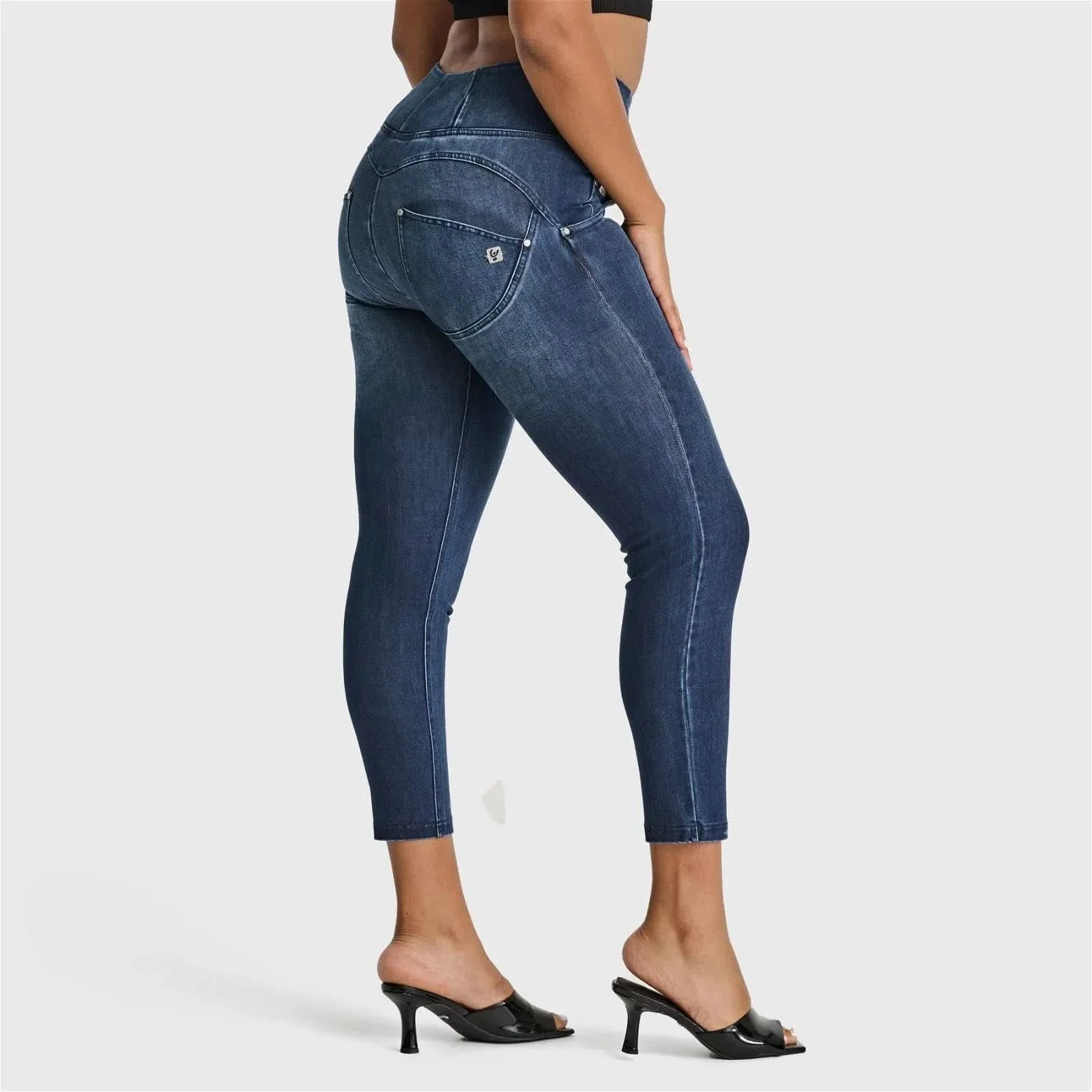 WRUP SNUG Distressed Jeans - High Waisted - 7/8 Length - Dark Blue + Blue Stitching - Image 6