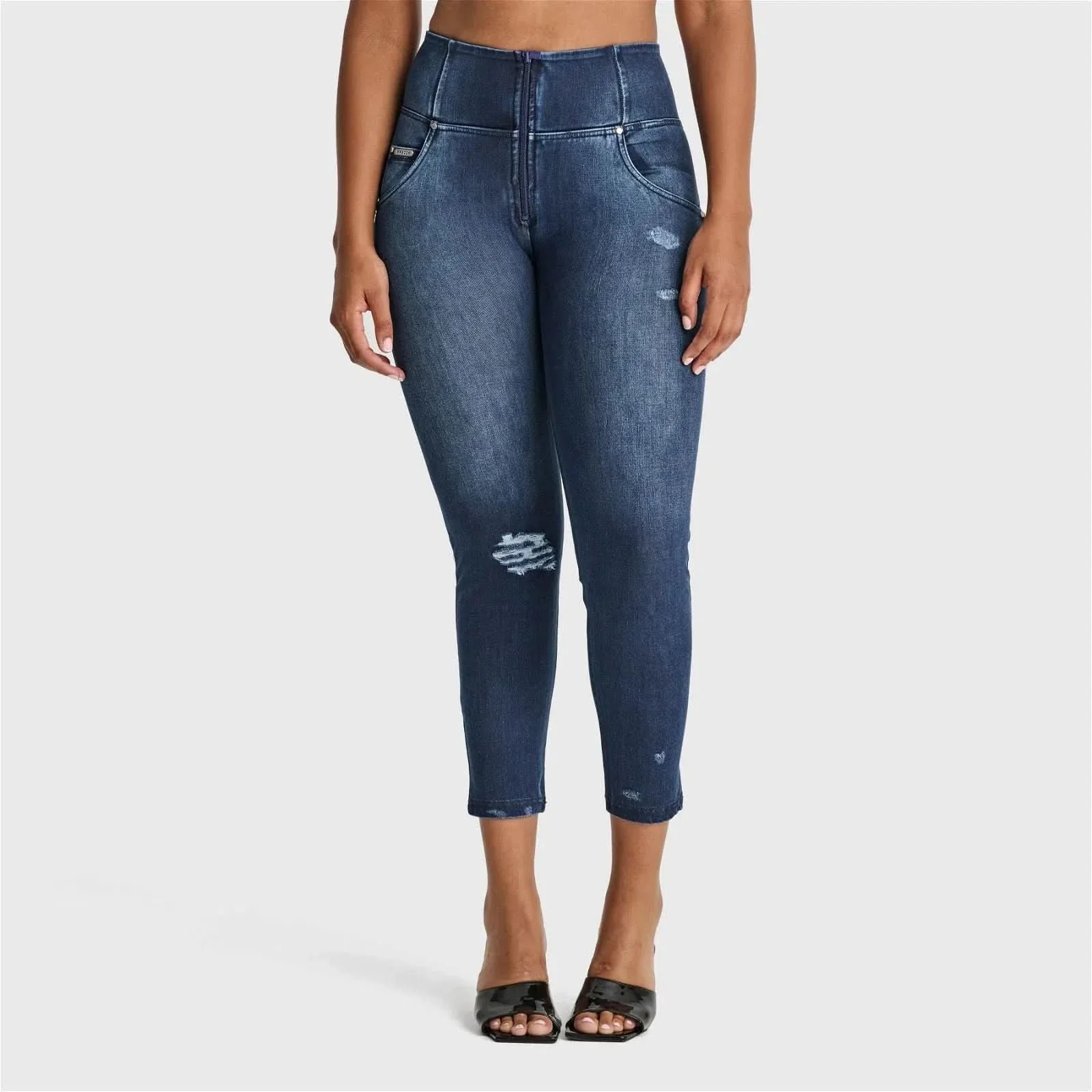 WRUP SNUG Distressed Jeans - High Waisted - 7/8 Length - Dark Blue + Blue Stitching - Image 7