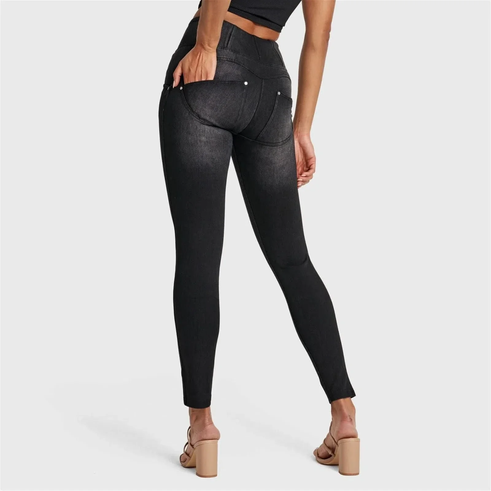 WRUP SNUG Distressed Jeans - High Waisted - Full Length - Black + Black Stitching - Image 4
