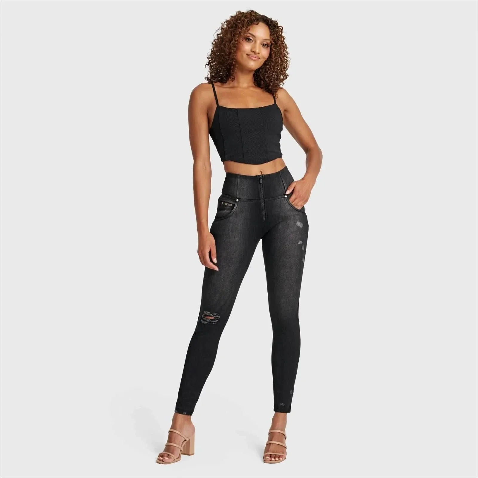 WRUP SNUG Distressed Jeans - High Waisted - Full Length - Black + Black Stitching - Image 5