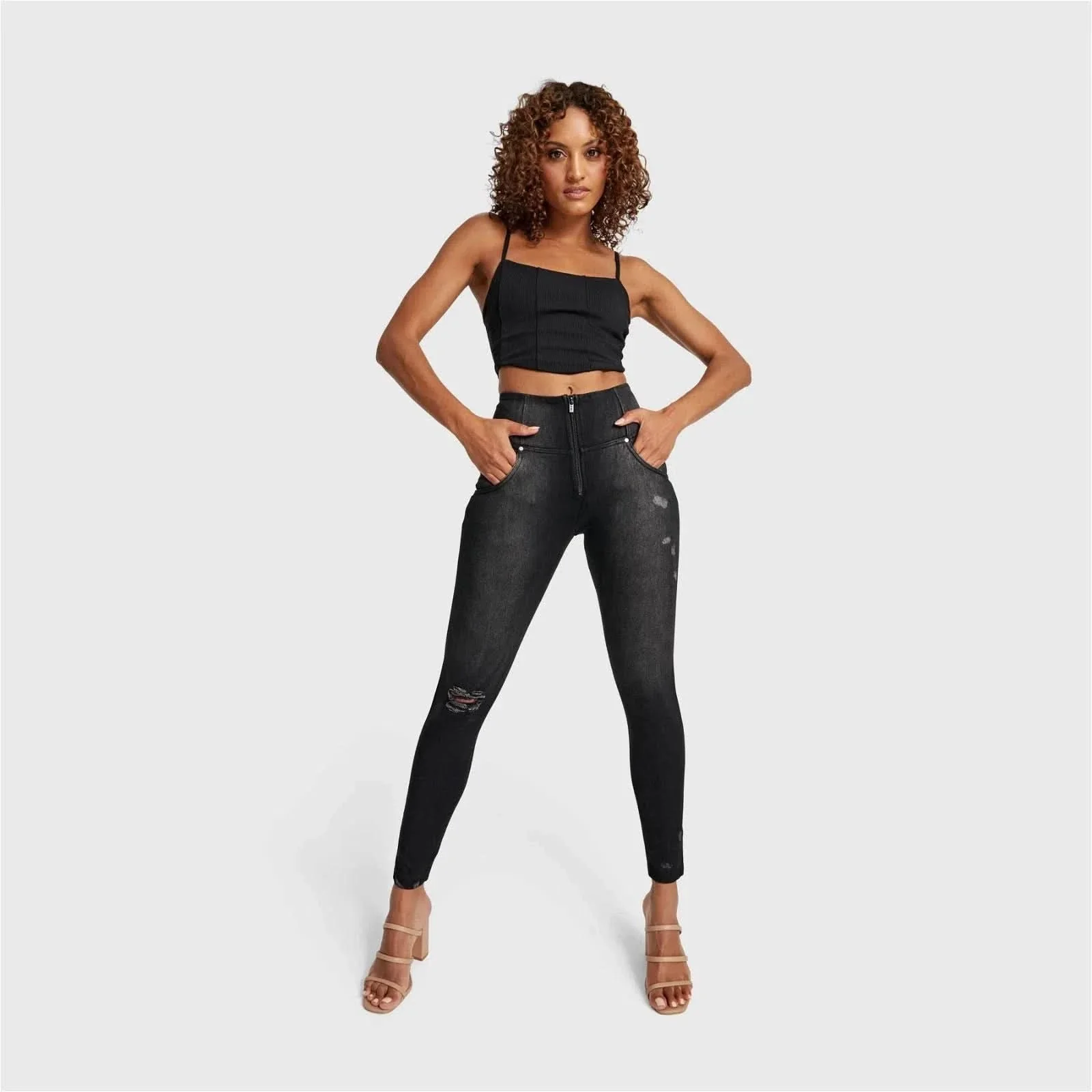 WRUP SNUG Distressed Jeans - High Waisted - Full Length - Black + Black Stitching - Image 7
