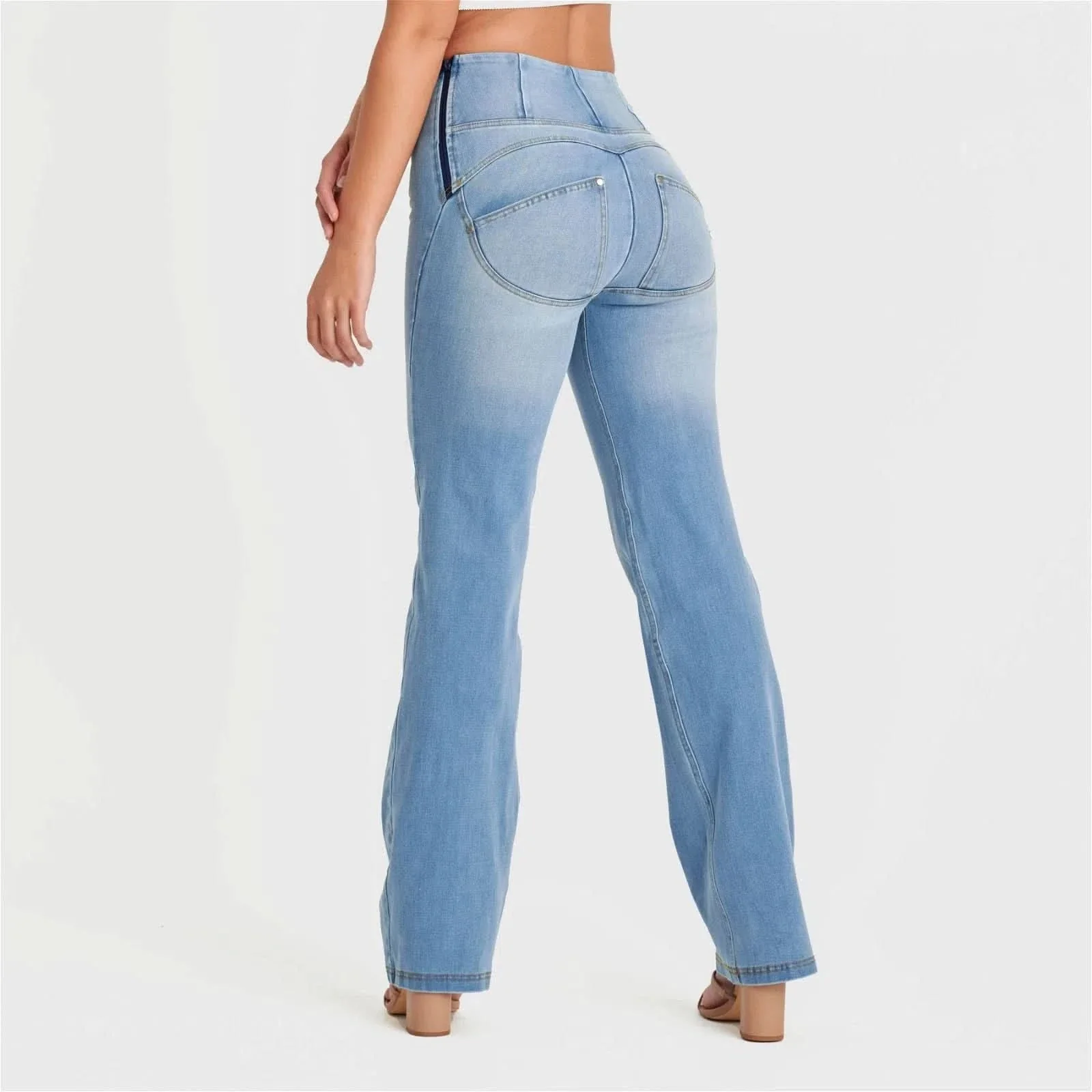 WRUP SNUG Jeans - High Waisted - Flare - Light Blue + Yellow Stitching - Image 3