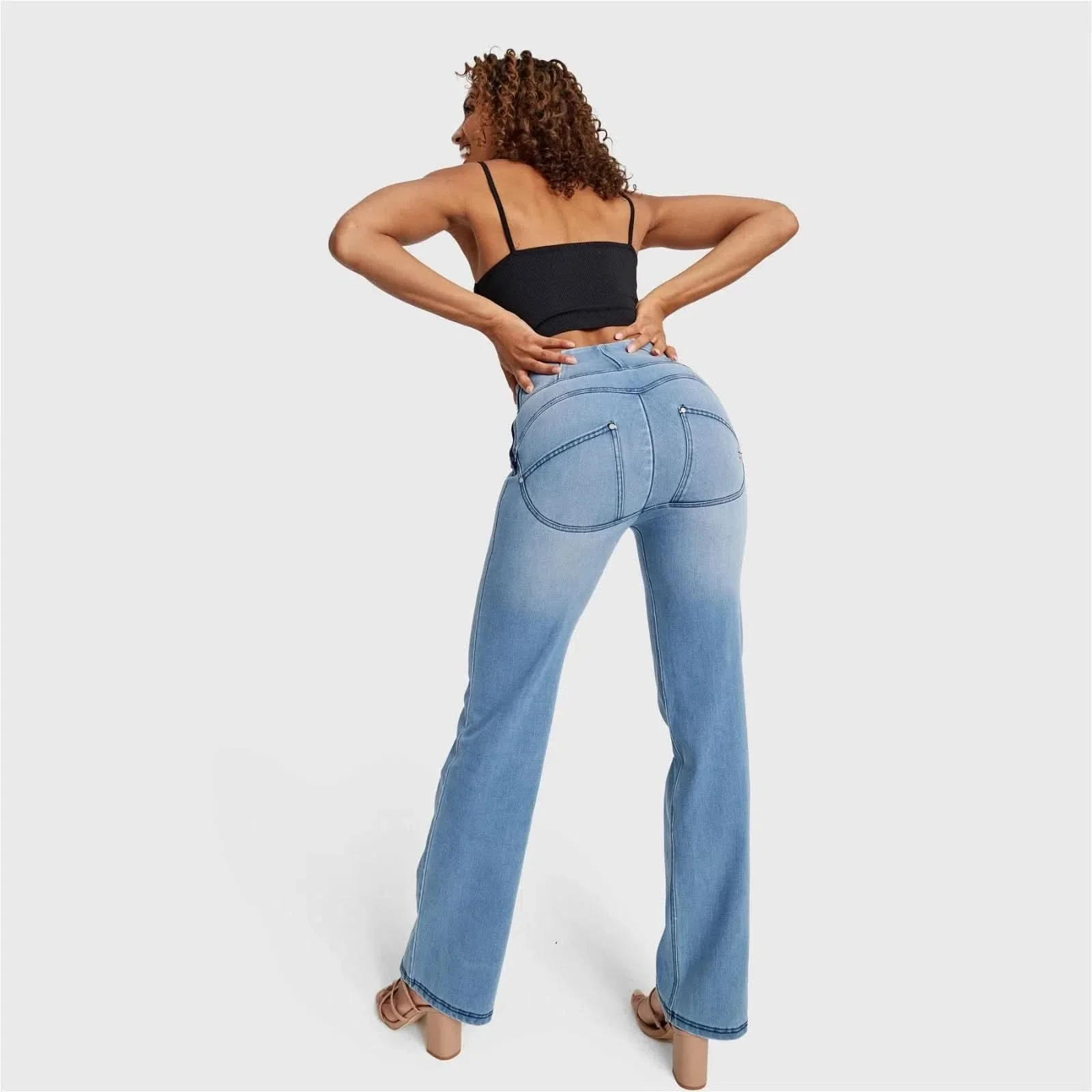 WRUP SNUG Jeans - High Waisted - Flare - Light Blue + Yellow Stitching - Image 4