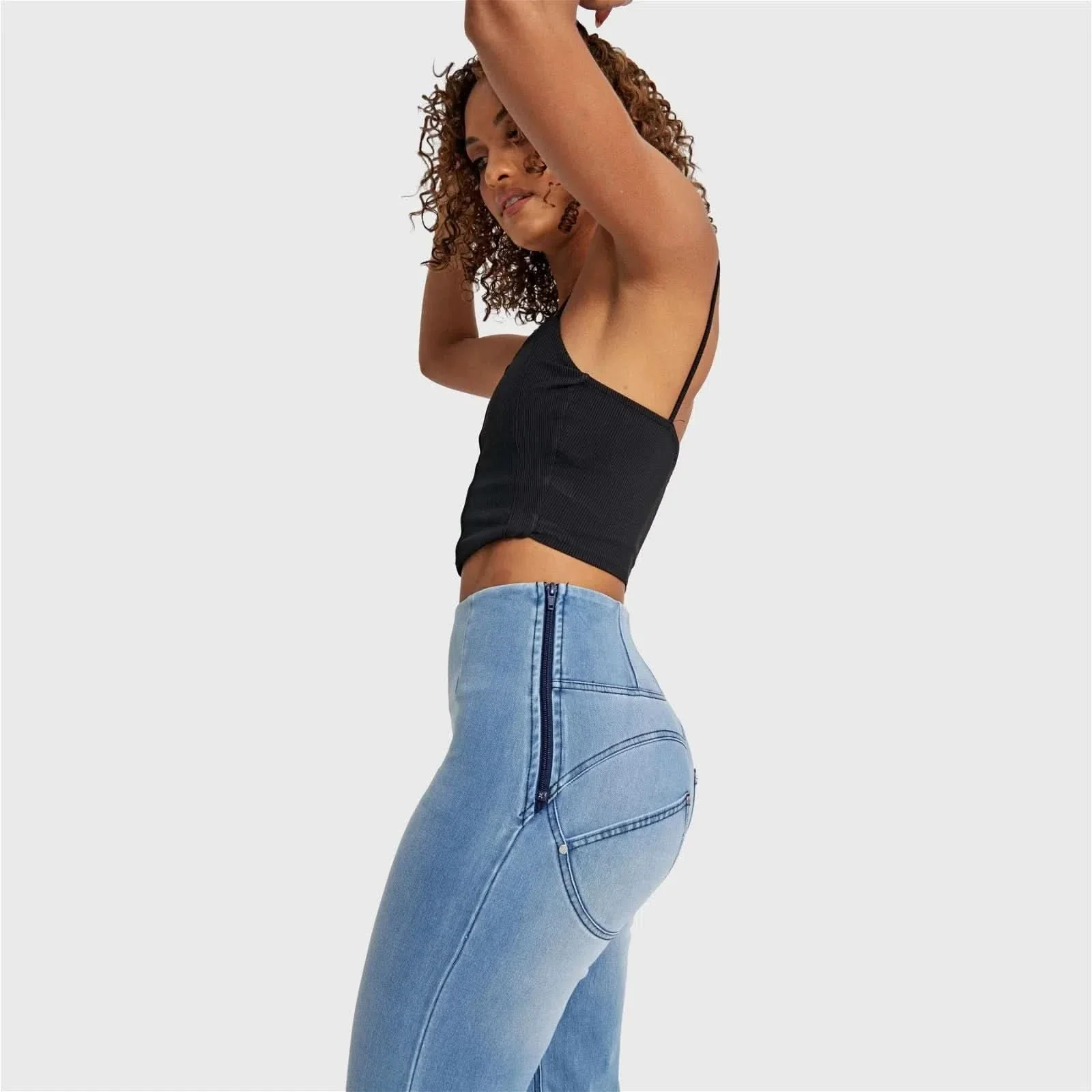 WRUP SNUG Jeans - High Waisted - Flare - Light Blue + Yellow Stitching - Image 5