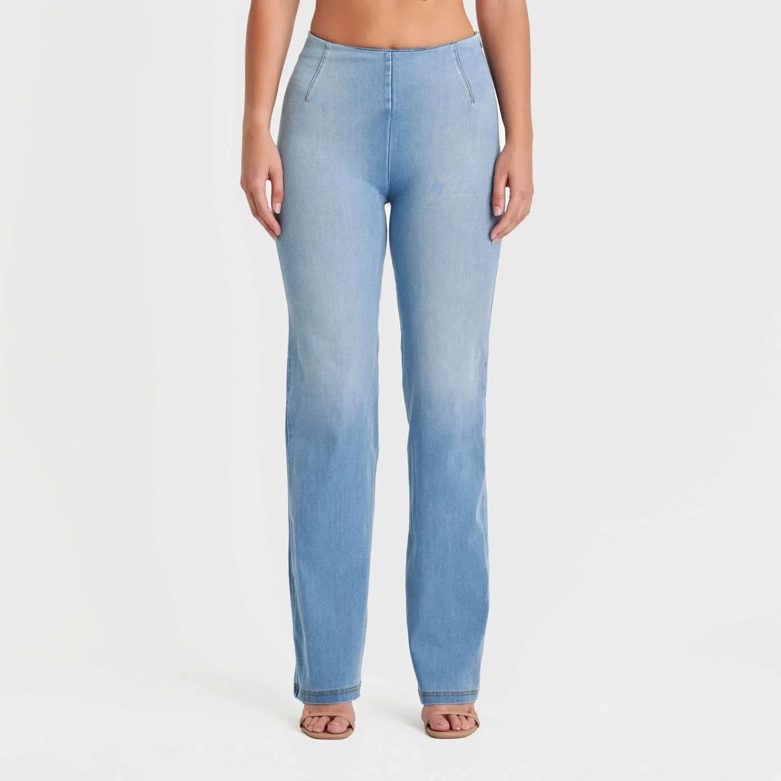 WRUP SNUG Jeans - High Waisted - Flare - Light Blue + Yellow Stitching - Image 6