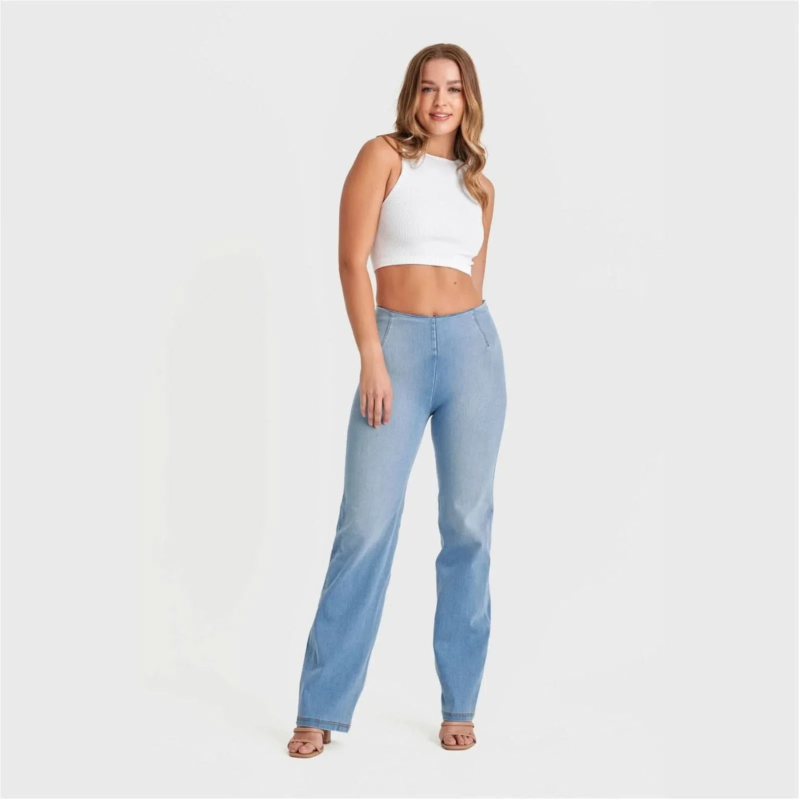 WRUP SNUG Jeans - High Waisted - Flare - Light Blue + Yellow Stitching - Image 7